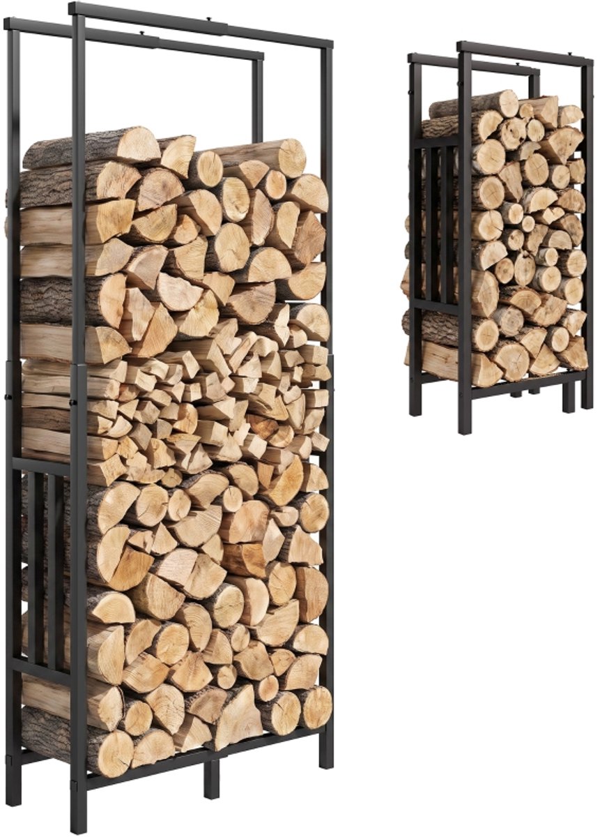 Stevig stalen buitenrek voor brandhout met verstelbare breedte en hoogte, draagvermogen 100 kg, 45,5-75,5 x 25 x 98-170 cm, zwart