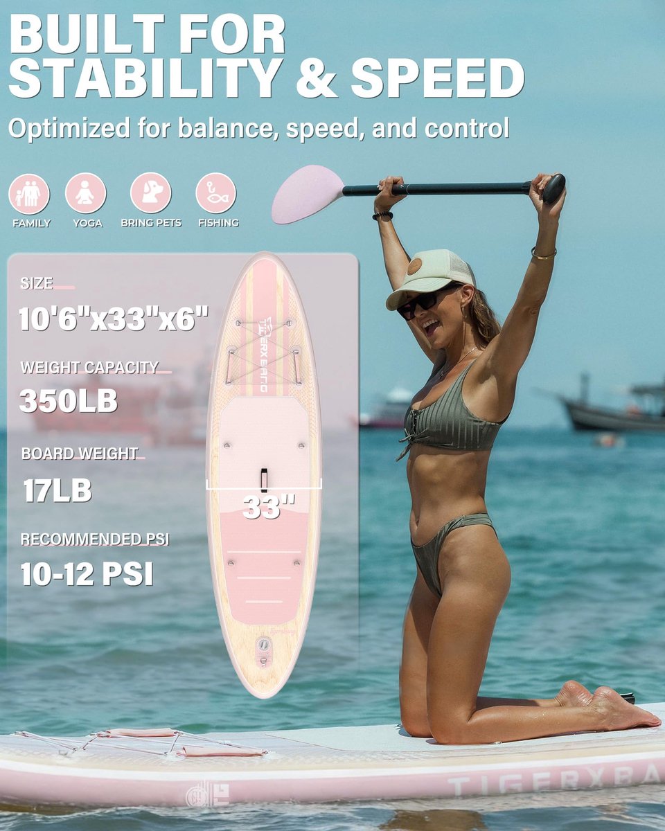 TIGERXBANG Opblaasbaar stand-up paddleboard met SUP-boardaccessoires, antislip EVA-dek, 10'6'' paddleboard voor - ShopVlot
