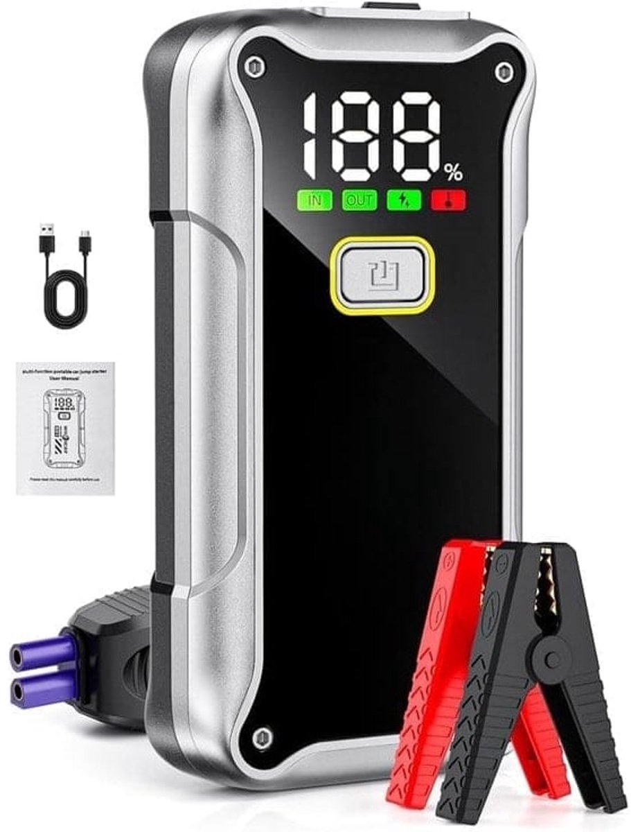 Klarven® Jumpstarter voor Auto Zwart - Starthulp voor Benzine tot 9.0L en Diesel tot 7.5L - LCD Display en LED Verlichting - B 21 x D 5 x H 28 cm