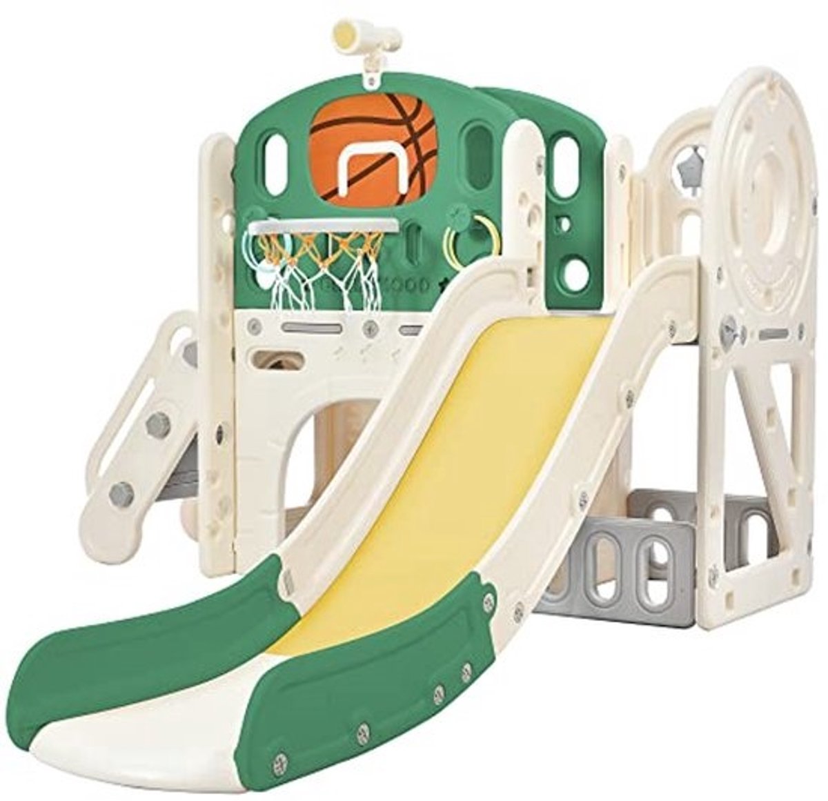 5-in-1 Kinderglijbaan voor Binnen en Buiten - Speeltoestel met Opbergruimte, Tunnel, Stepladder en Basketbalring