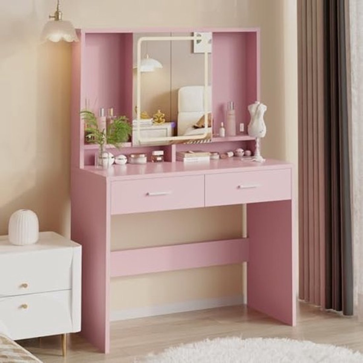 Make-uptafel met ledverlichting, verstelbare helderheid, spiegel en opbergruimte, moderne stijl, 90 x 40 cm