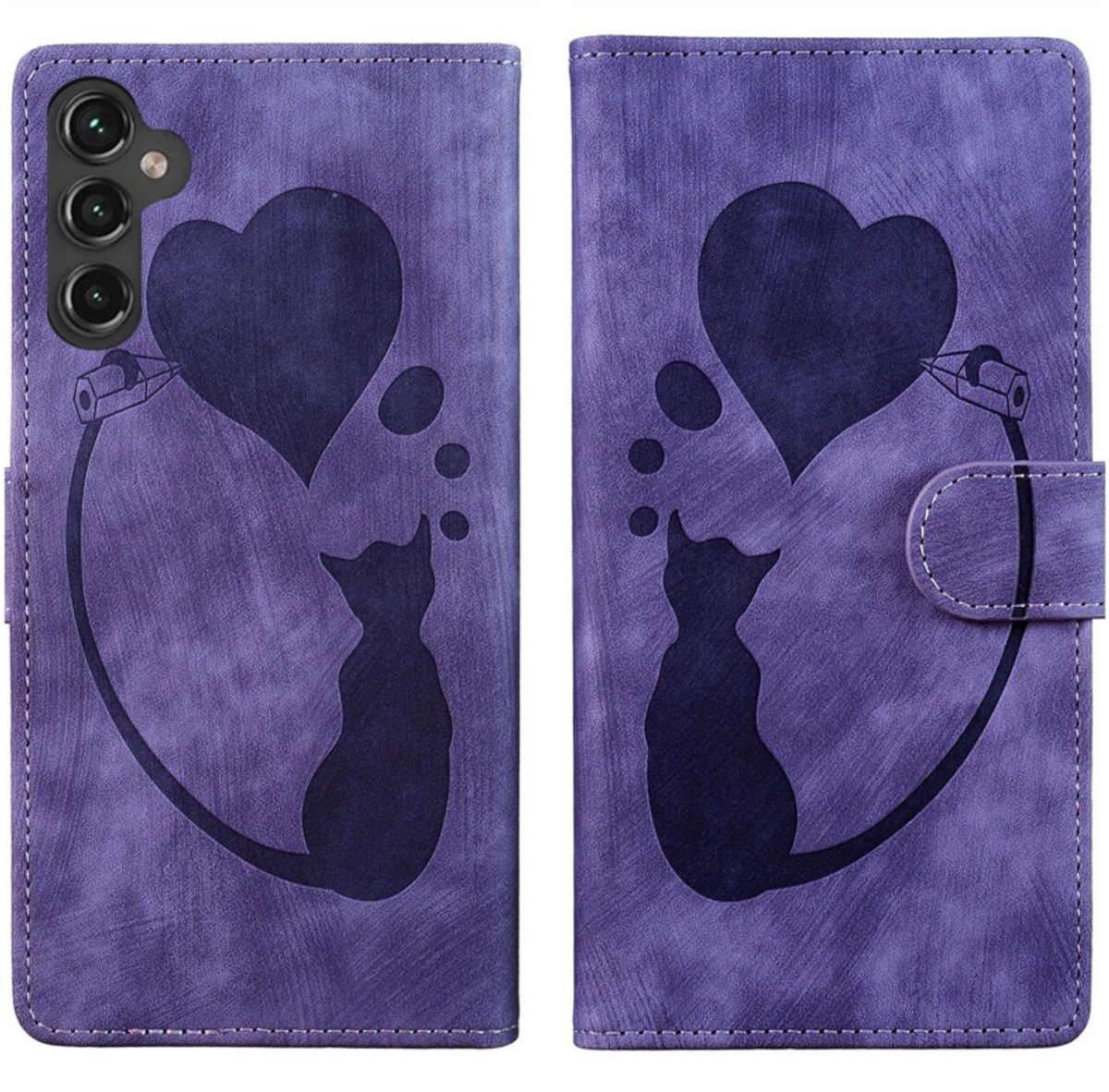 BoekCover Hoes Etui geschikt voor Samsung Galaxy A27 - Kat en Hart - Paars - Reliëf