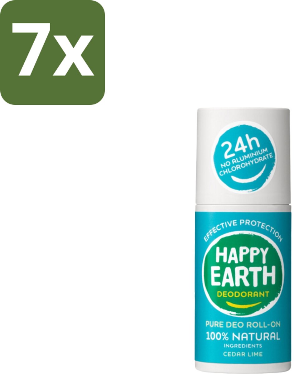 Happy Earth – Deodorant Roll-On – 100% Natuurlijk Cedar Lime – 75 ml - Bulkverpakking - 7 stuks