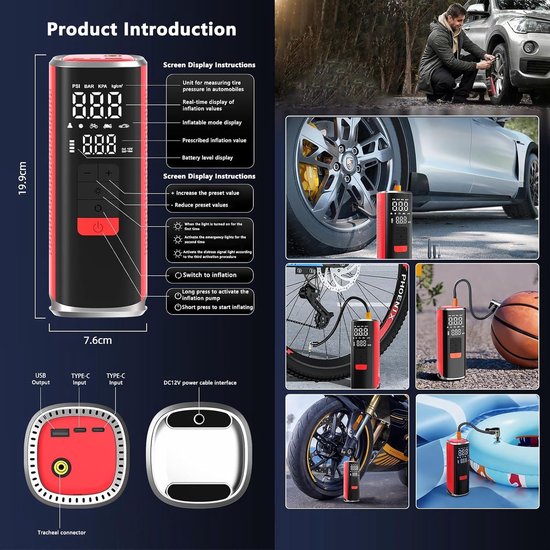 Draagbare 12V Oplaadbare Bandenpomp- 6000mAh- Digitale Luchtcompressor met Automatische Uitschakeling- LED-SOS-lampje en Powerbank voor Auto's, Motoren, Fietsen en Ballen- Blauw — afbeelding 4