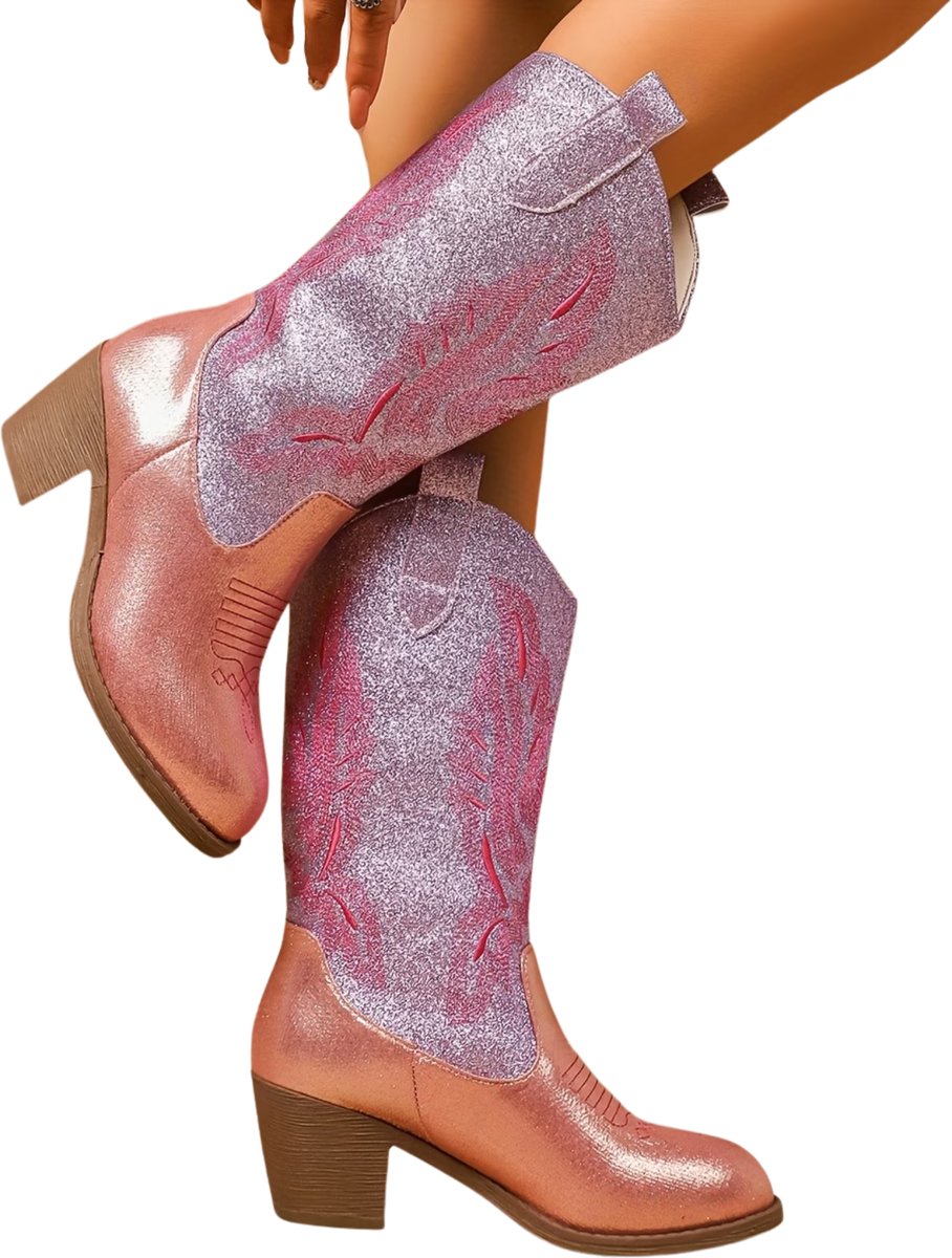 Currero Dames Cowboy Laarzen Hoge Hak Enkellaarzen Kniehoge Western Boots Chelsea 40 Roze