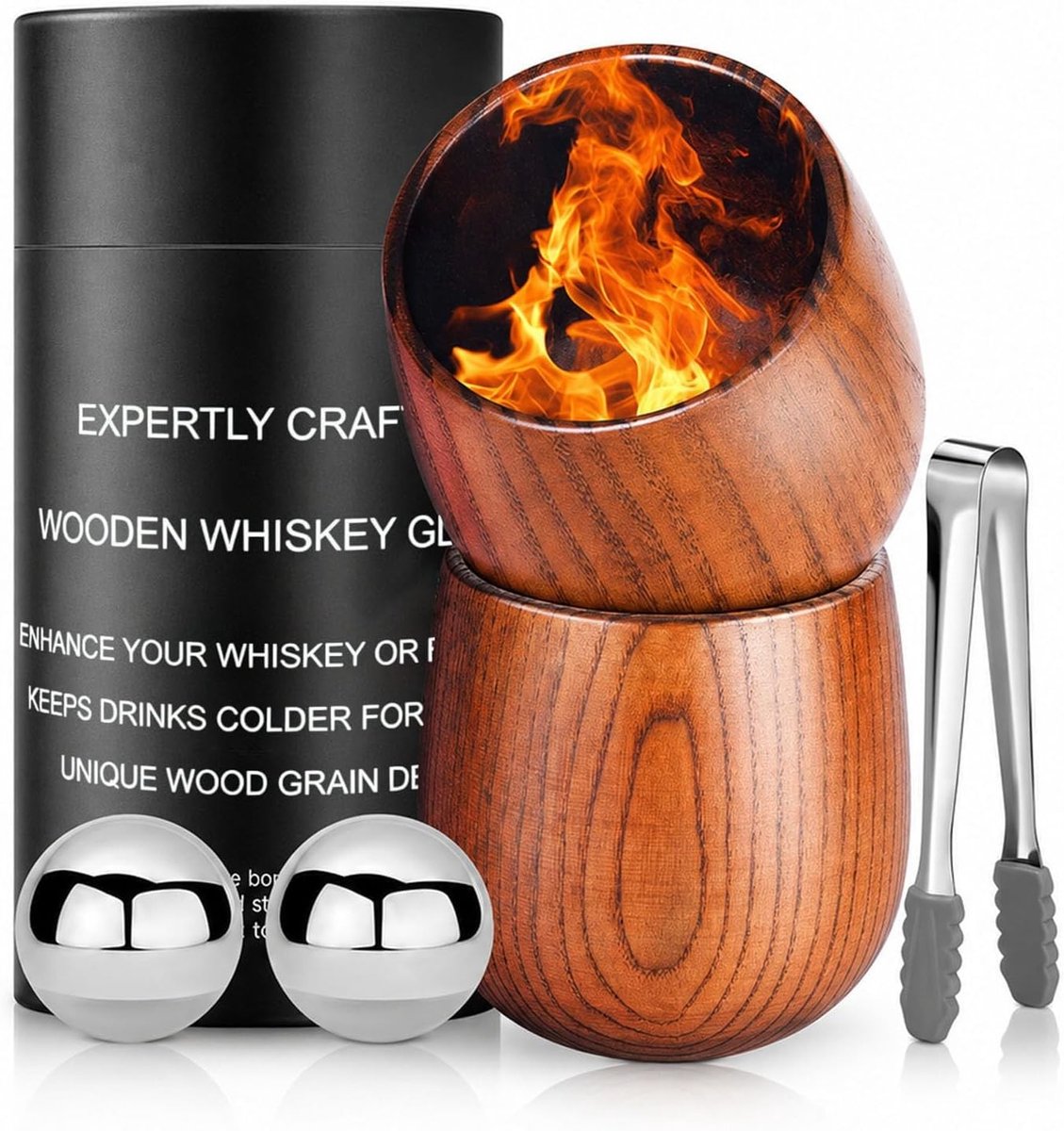 Set van 2 Verkoolde Houten Whiskyglazen, Handgemaakte Ouderwetse Drinkbekers voor Whisky, Bourbon en Cocktails, Perfect Cadeau voor Mannen en Whiskyliefhebbers (300 ml x 2)