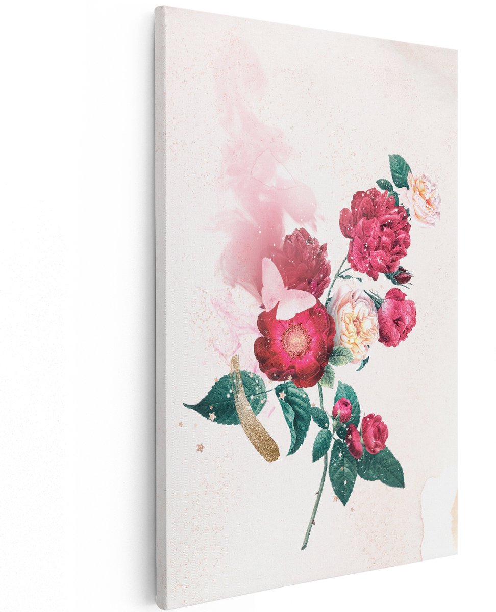 Artaza Canvas Schilderij Bloemen - 100x150 cm - Groot - Wanddecoratie Romantisch - Muurdecoratie Vlinder - Decoratie Goud - Roze