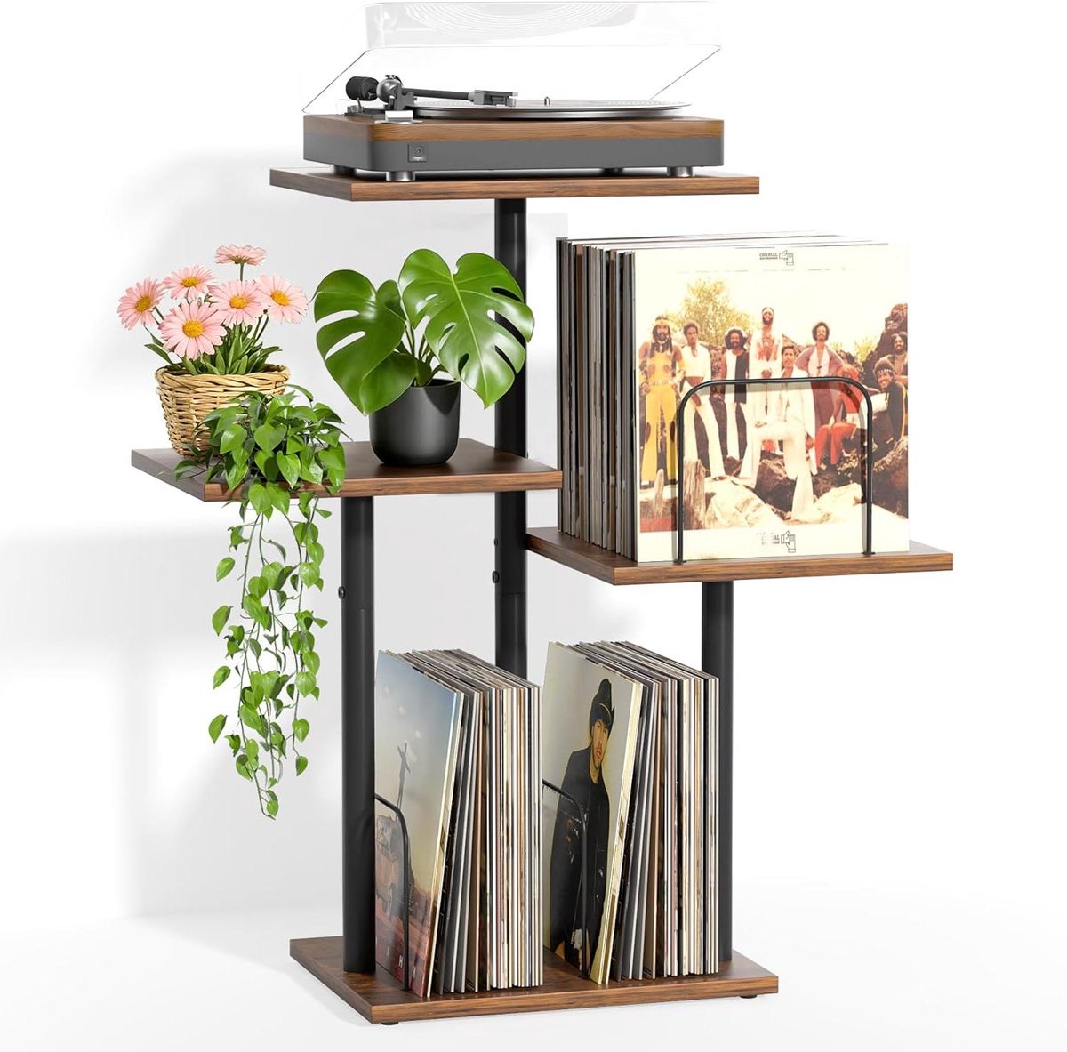 Platenkast met standaard - Muziekmeubel Vinyl - Muziek en Planten - 3-in-1 ontwerp - 109 cm hoog - Houtkleur