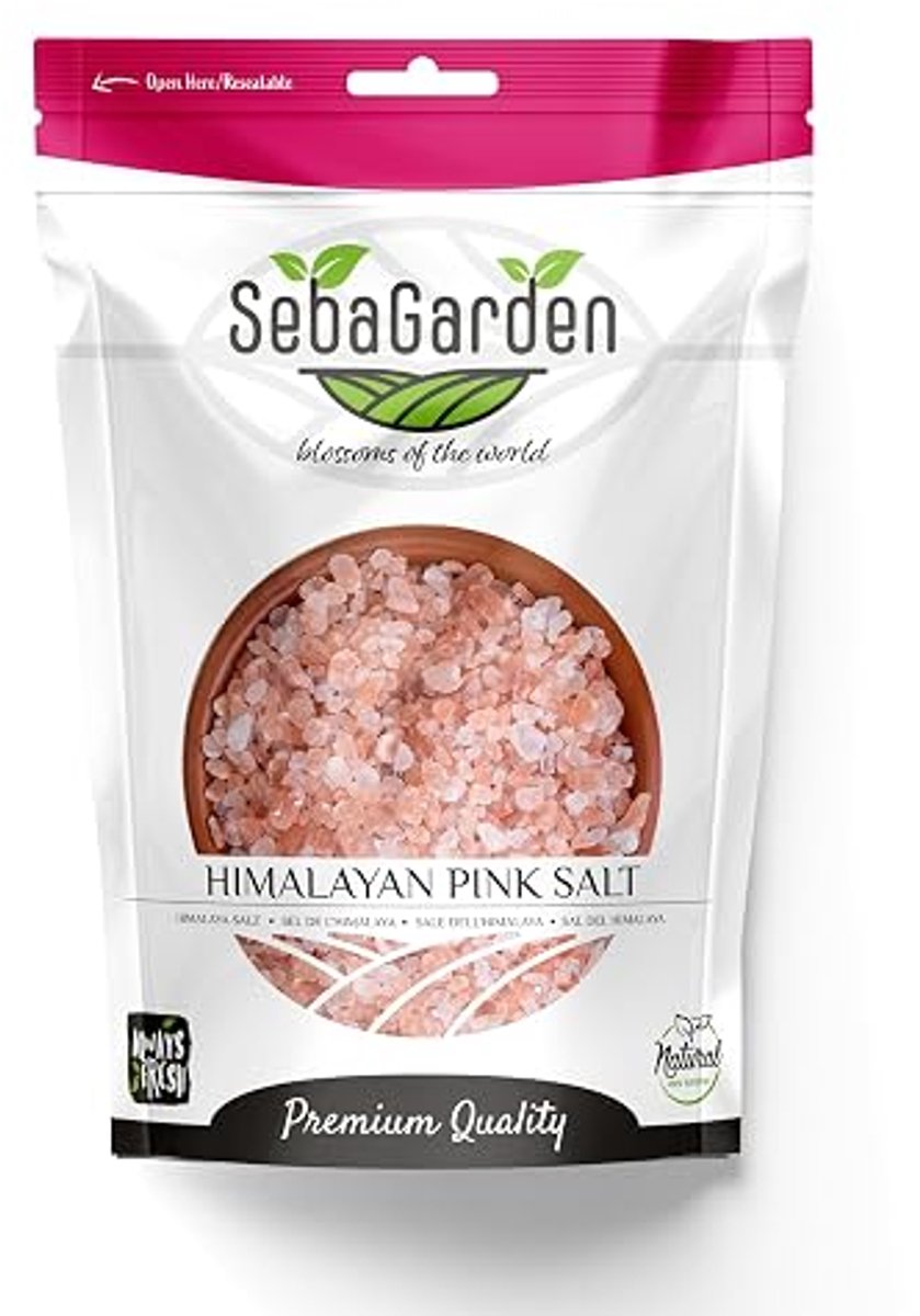 Seba Garden 100% puur Himalayazout, Salt, grofkorrelig, 1 kg, hersluitbare zak. Natuurlijk en ongeraffineerd, rijk aan mineralen. Ideaal om mee te koken. Zoutassortiment Pakistan
