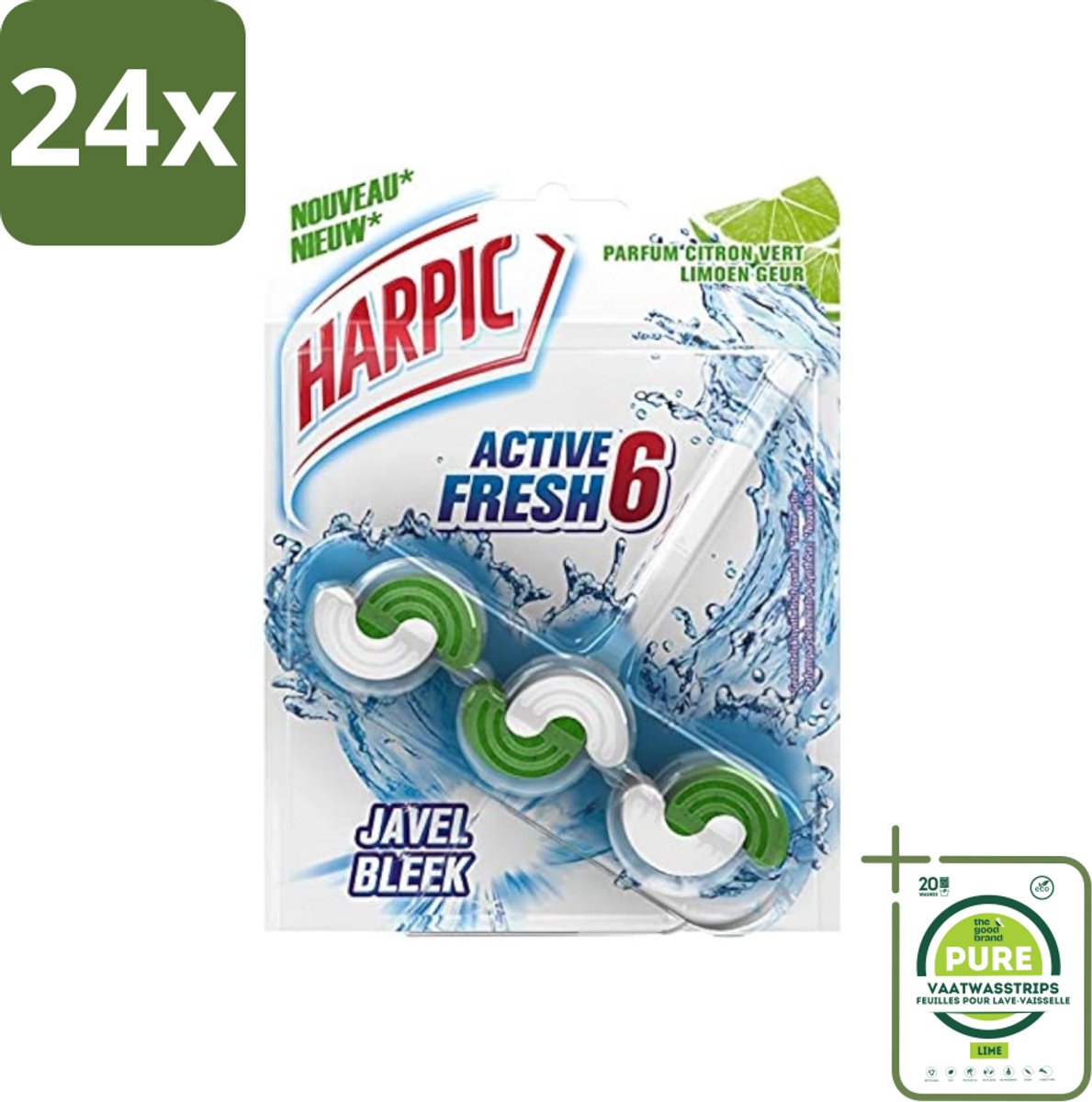 Harpic Active Fresh - Toiletblok - Limoen - Met Bleek - 1 Blok - Voordeelverpakking - 24 stuks - Toiletblok - Toilet schoonmaken