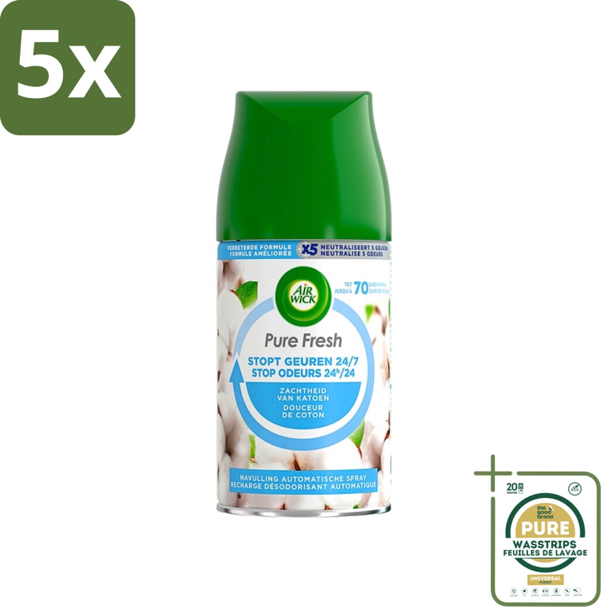 5 x Air Wick Freshmatic Pure Fresh Navulling Zachtheid van Katoen 250 ml - Grootverpakking - Luchtverfrisser - Geurverspreider - Katoen Geur - Frisse Geur - Geur Neutraliseren