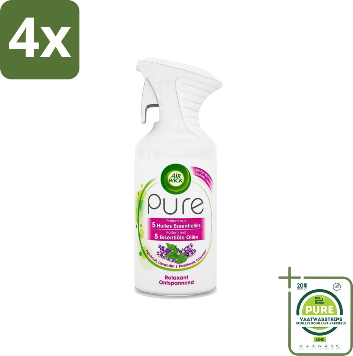 Air Wick Pure - Luchtverfrisser Spray - Essentiële Oliën - Lavendel - 250ml - Voordeelverpakking - 4 stuks - Luchtverfrisser - Lavendelgeur