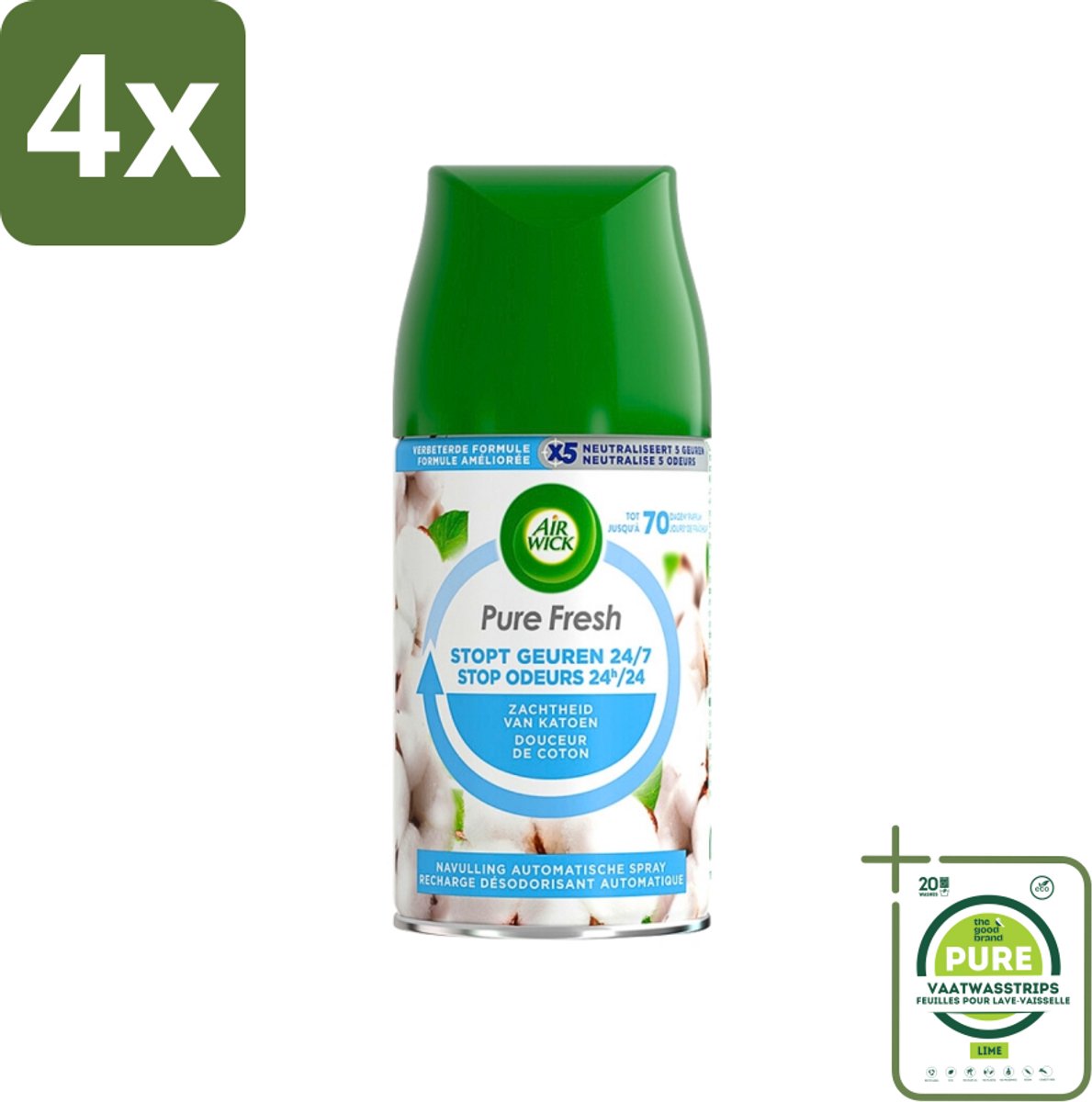 Air Wick Freshmatic Pure Fresh Navulling Zachtheid van Katoen 250 ml - Voordeelverpakking - 4 stuks - Luchtverfrisser - Air Wick