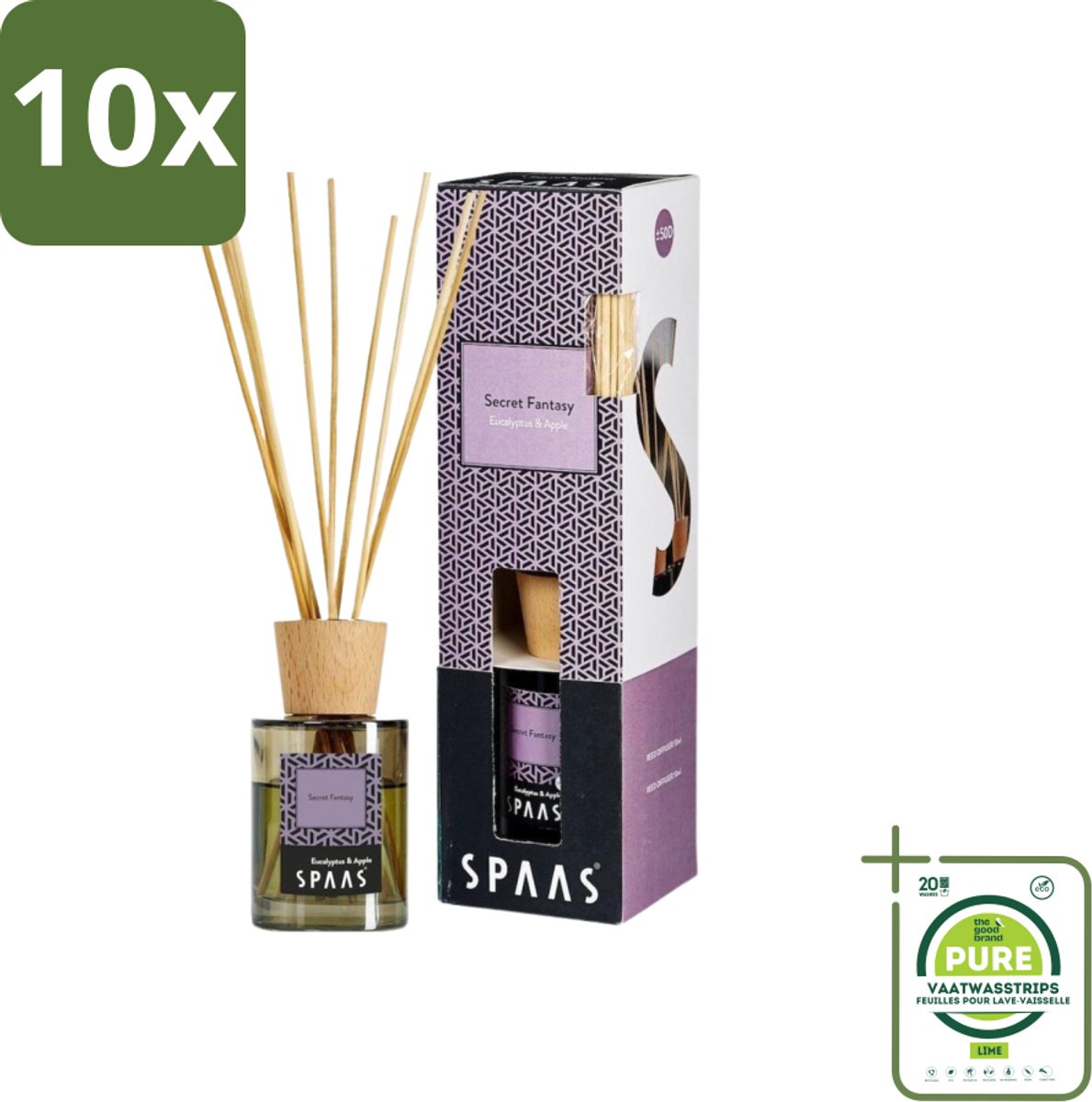 10 x Spaas - Geurstokjes - Secret Fantasy - Eucalyptus En Appel - 80 ml - Grootverpakking - Geurstokjes - Eucalyptus Geur - Appel Geur - Kamergeur - Interieurgeur