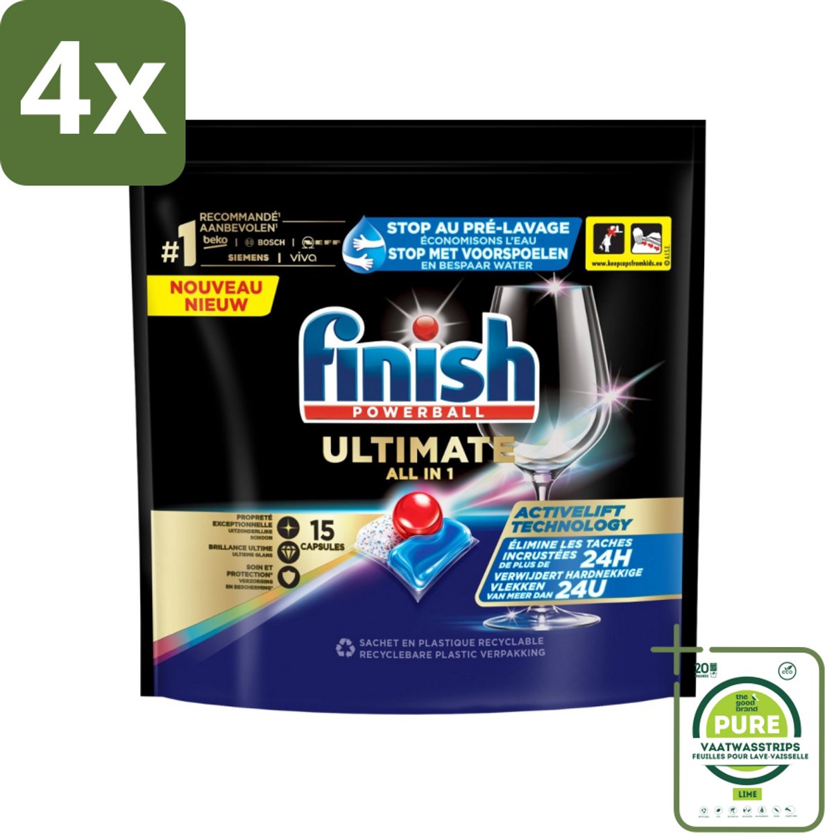 Finish Powerball - Ultimate All in 1 - Vaatwastabletten - Activelift - 15 Capsules - Voordeelverpakking - 4 stuks - Vaatwastabletten - Vaatwassertabletten