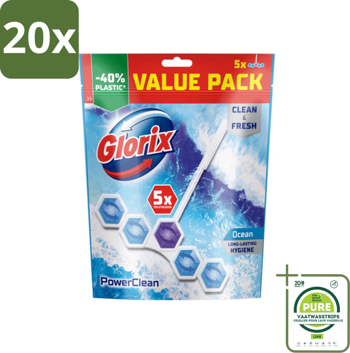 20 x Glorix - Power Clean - Toiletblok - Ocean - Hersluitbare Verpakking - 5 Blokken - Grootverpakking - Toilet Schoonmaak - Toiletblok - Toilet Reiniging - Kalk Verwijderaar - Hygiënisch Toilet