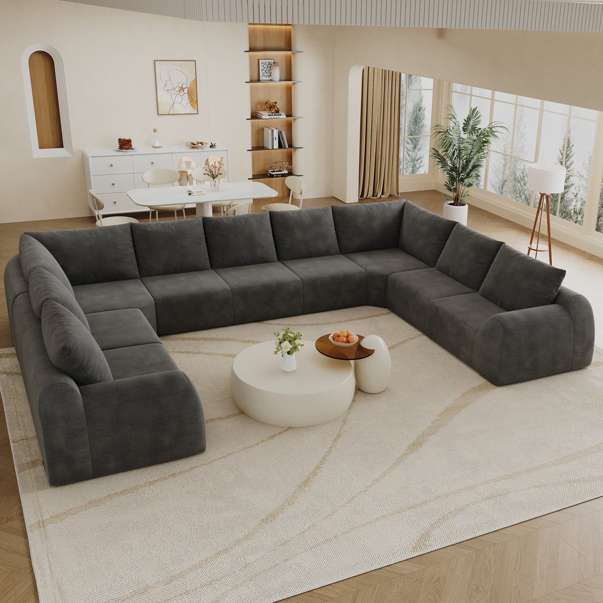 FloraGrace U-bank 411 cm - 9 Zitplaatsen - Zonder Montage en Met Hoogelastische Vulling - Voor Woonkamer en Appartement - Chenille Stof - Donkergrijs