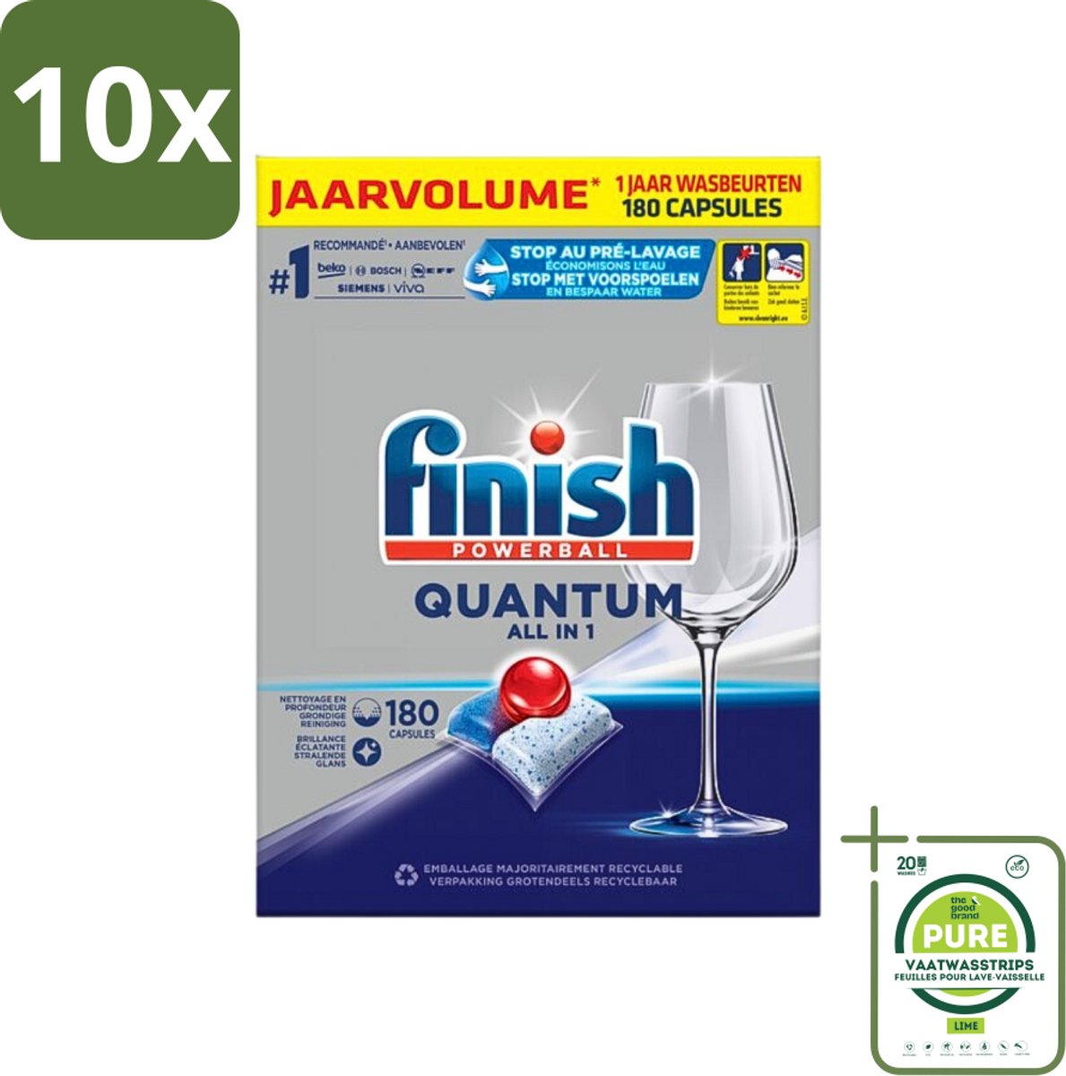 10 x Finish Powerball - Quantum All in 1 - Vaatwastabletten - 180 Tabletten - Grootverpakking - Vaatwascapsules - Diepe Reiniging - Glans - Vaatwasser - Finish Quantum