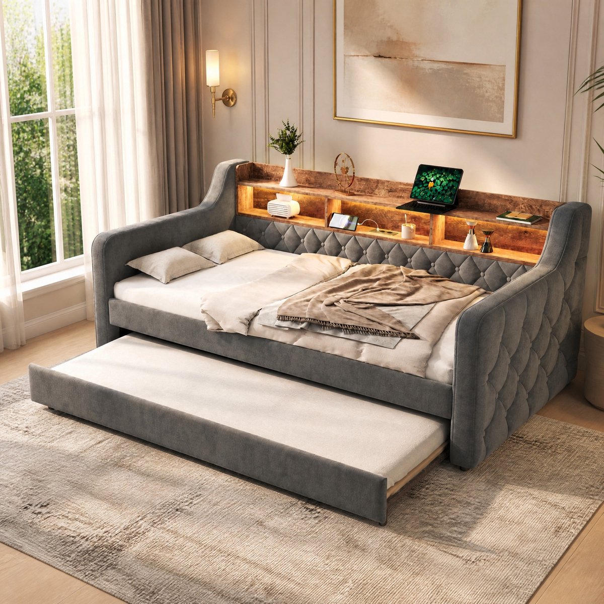 Wishdor Slaapbank 90x190 cm - Met opbergruimte en verlichting - Velvet - Donkergrijs - Met USB-C en lattenbodem - Voor slaapkamer gastenkamer jeugdkamer - 201 x 107 x 75 cm