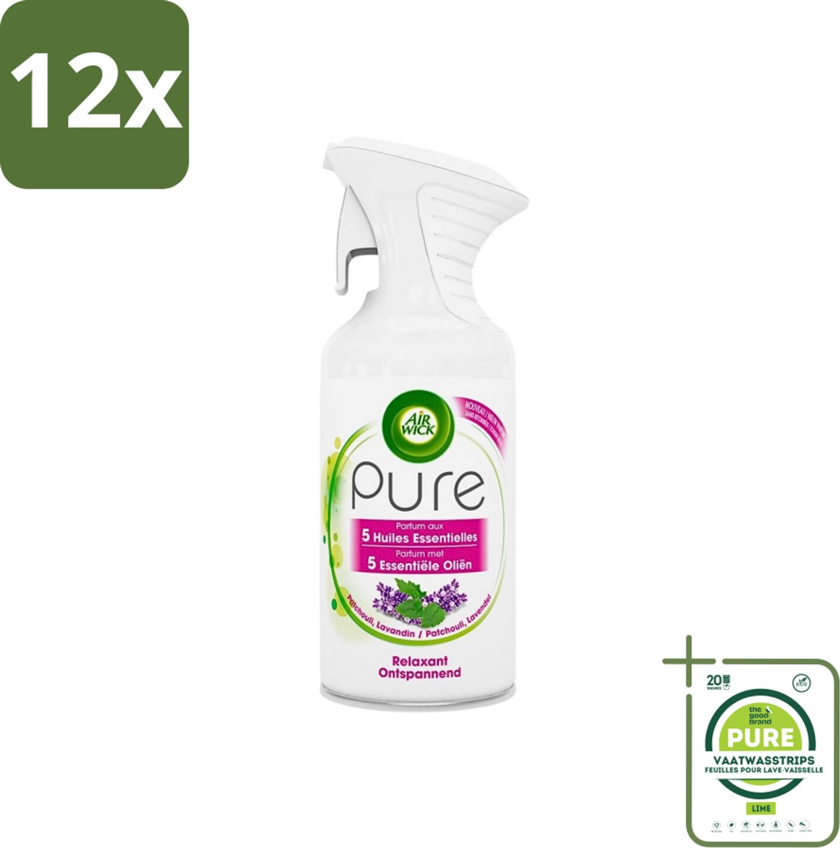 Air Wick Pure - Luchtverfrisser Spray - Essentiële Oliën - Lavendel - 250ml - Voordeelverpakking - 12 stuks - Luchtverfrisser - Lavendelgeur