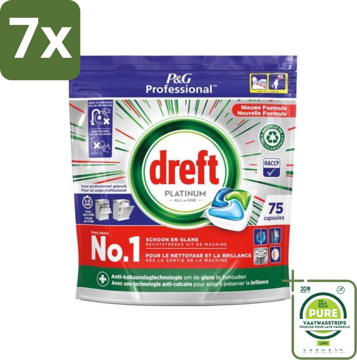 7 x Dreft Professional - Platinum - All In One - Vaatwascapsules - 75 Afwasbeurten - Grootverpakking - Vaatwascapsules - Vaatwasser Capsules - Professionele Vaatwas - Vaatwasser Reiniging - Hardnekkige Vlekken