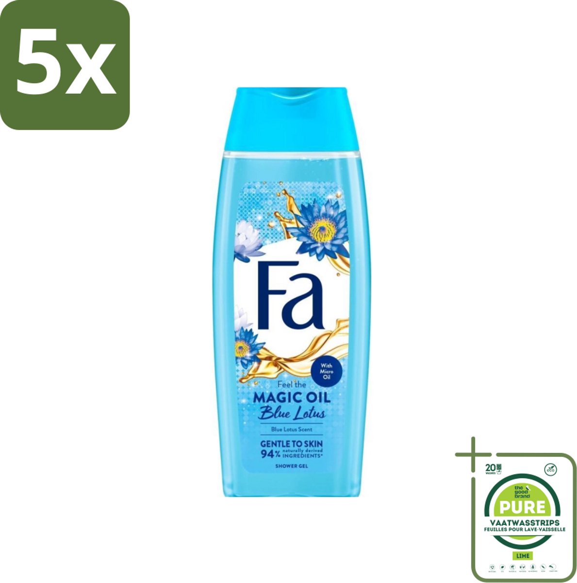 5 x Fa - Douchegel - Magische Olie - Blue Lotus Geur - 250 ml - Grootverpakking - Douchegel - Hydratatie - Zachte Huid - Blue Lotus - Roze Jasmijn