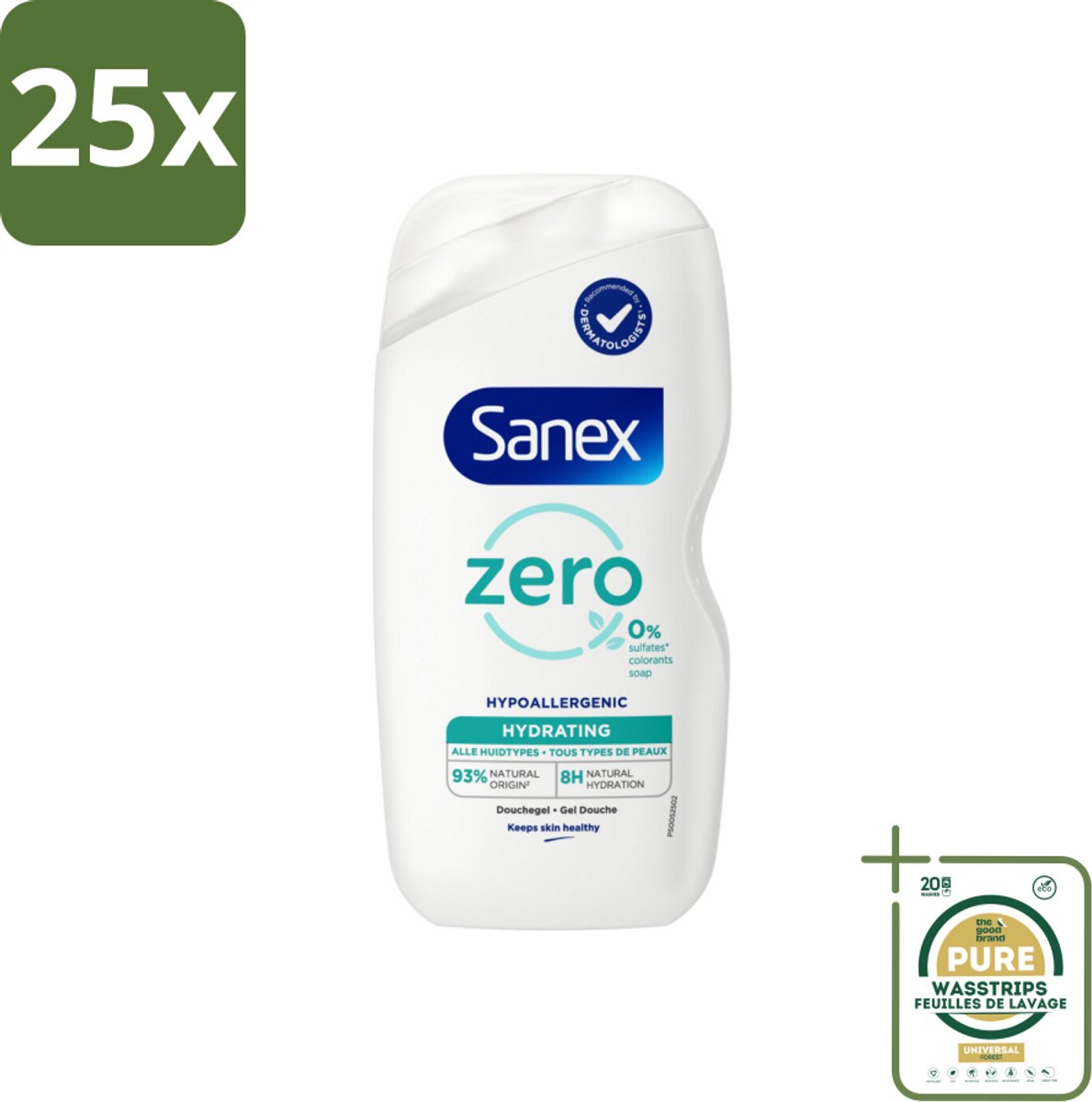 25 x Sanex Zero % - Douchegel - Hydrateert - Alle Huidtypes - 400 ml - Grootverpakking - Douchegel - Huidverzorging - Hydraatende Douchegel - 0% Sulfaten - 0% Kleurstoffen