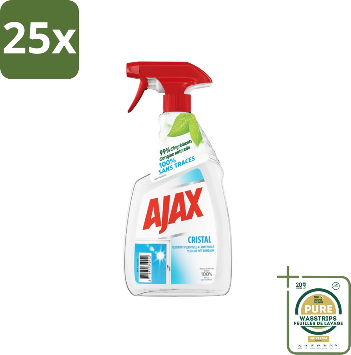 25 x Ajax - Ruitenreiniger - Cristal - Spray Met Ammoniak - 750 ml - Grootverpakking - Ruitenreiniger - Ammoniak - Streeploos - Ruiten Reinigen - Glans