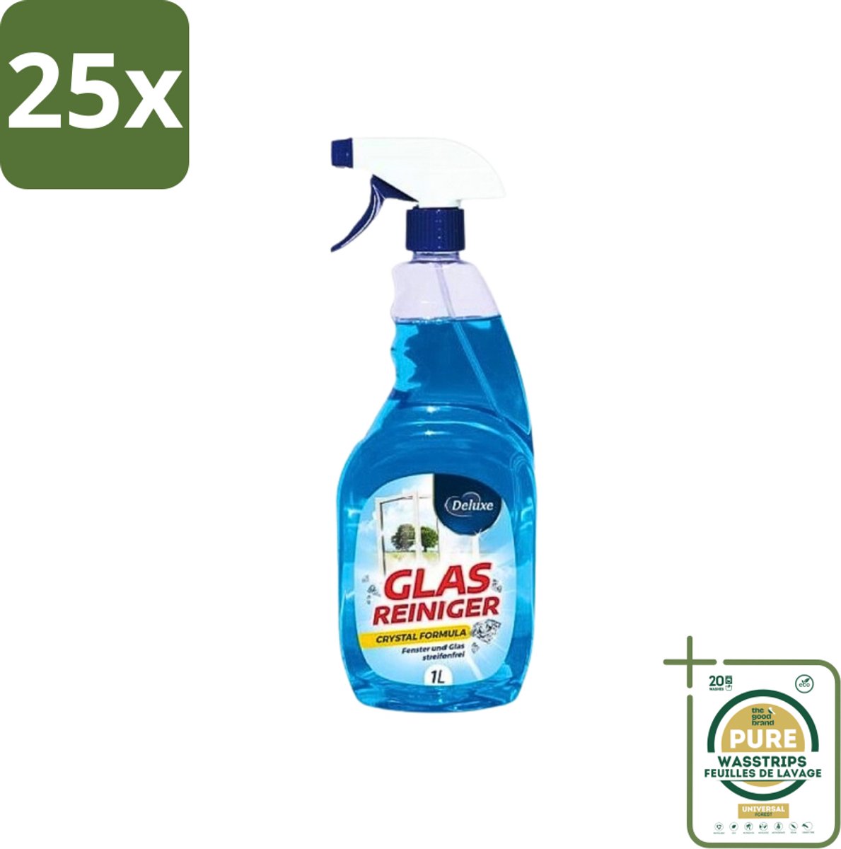 25 x Deluxe - Glasreiniger - Crystal Formule - Streeploze Glans - 1L - Grootverpakking - Streeploze Glans - Glas Reiniger - Glas Reinigen - Glas Helderheid - Glas Reiniger Crystal Formule