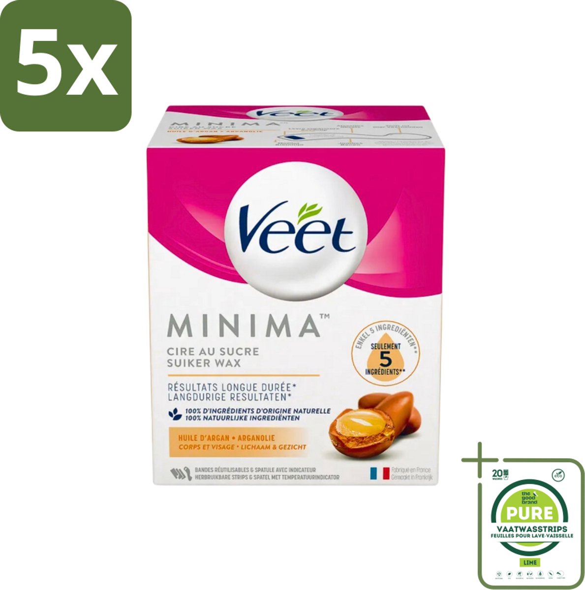 5 x Veet - Warme Wax - Orientaalse Ontharings Wax - Minima - Arganolie - 250ml - Grootverpakking - Suiker Wax - Ontharing - Gladde Huid - Arganolie - Natuurlijke Ingrediënten