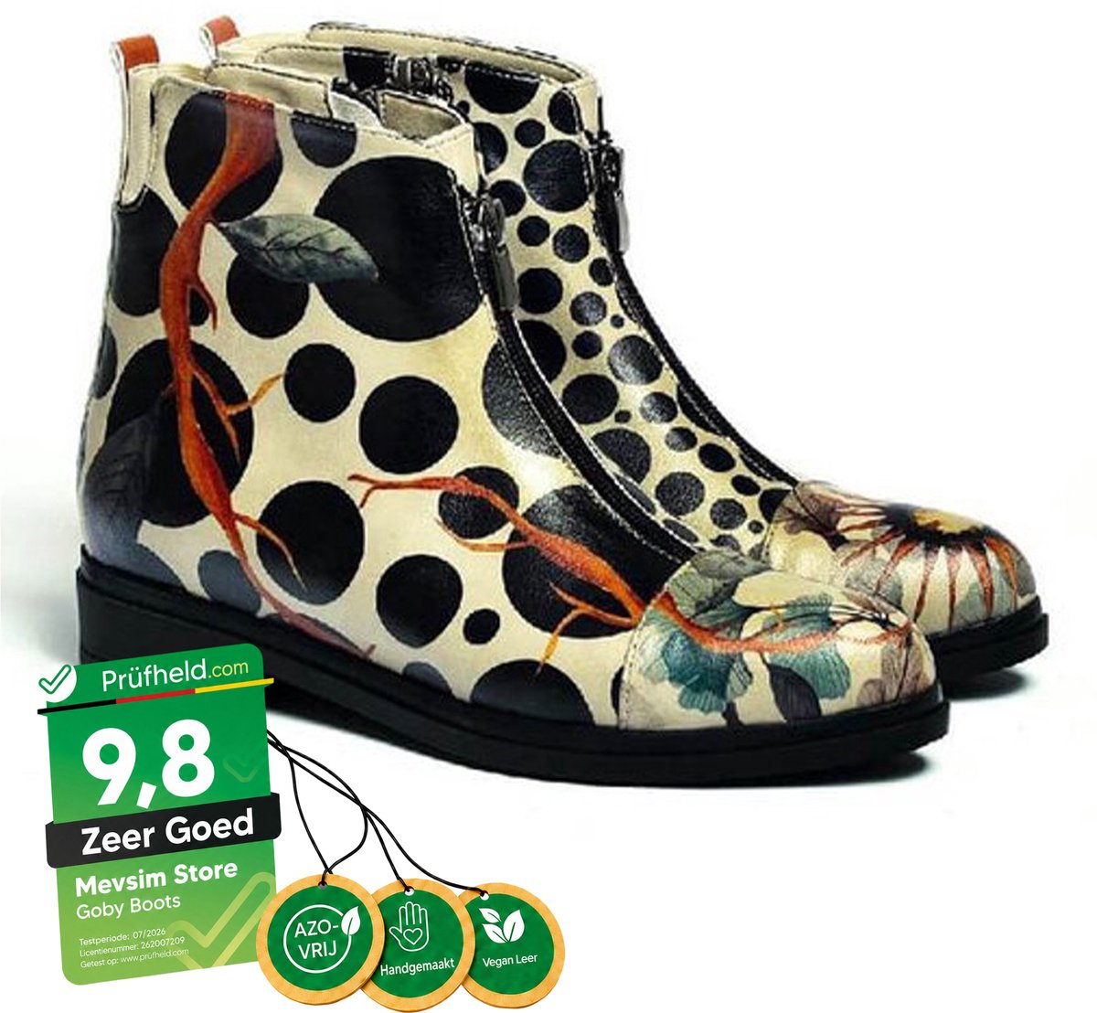 Goby Polka Garden Dames Enkellaarsjes - Handgemaakt Vegan Leer - Maat 39