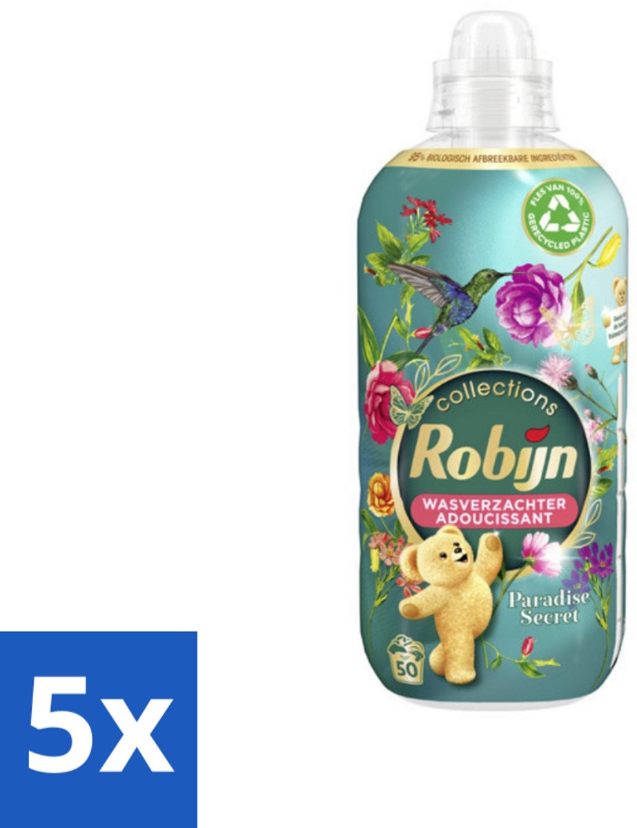5 x Robijn Collections - Wasverzachter - Paradise Secret - Biologisch Afbreekbaar - 1,25L - 50 Wasbeurten - Wasverzachter - Wasverzachter Paradise Secret - Wasverzachter 1.25 L - Wasverzachter 50 Wasbeurten - Wasverzachter Luxe Geur