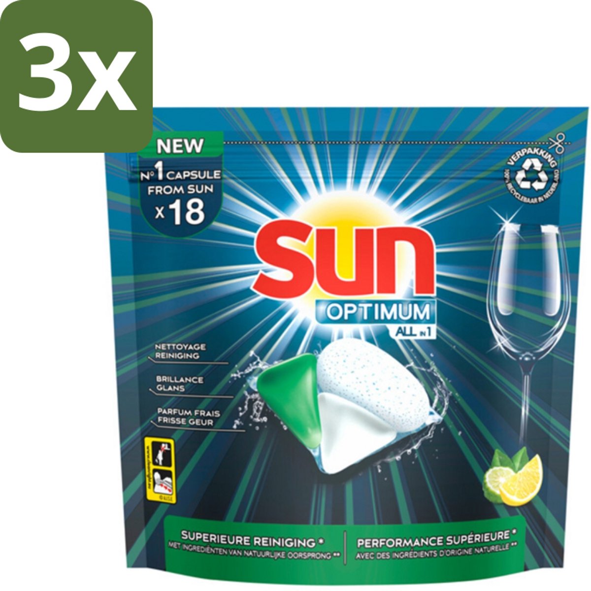 3 x Sun Optimum - All-in-1 - Vaatwasmiddel - Capsules - Citroen - 18 Capsules - Vaatwasmiddel - Vaatwascapsules - Citroen - Reiniging - Spoelglans