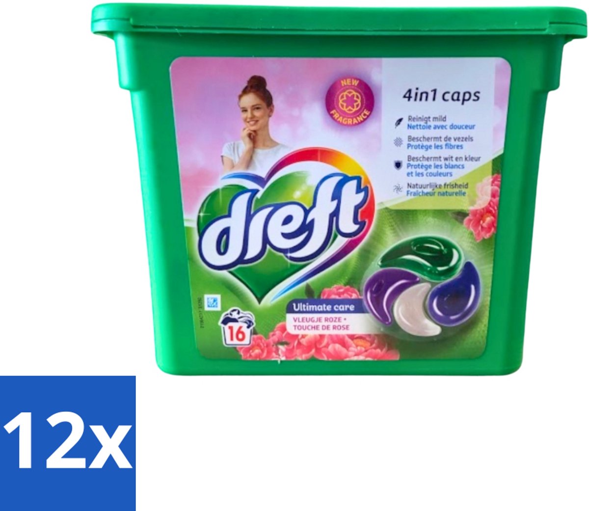 12 x Dreft - Wasmiddelcapsules 4in1 - Witte en Gekleurde Was - Vleugje Roze - 16 Wasbeurten - Wasmiddelcapsules - Wasmiddel - Waspoeder - Wasverzachter - Kleurbescherming