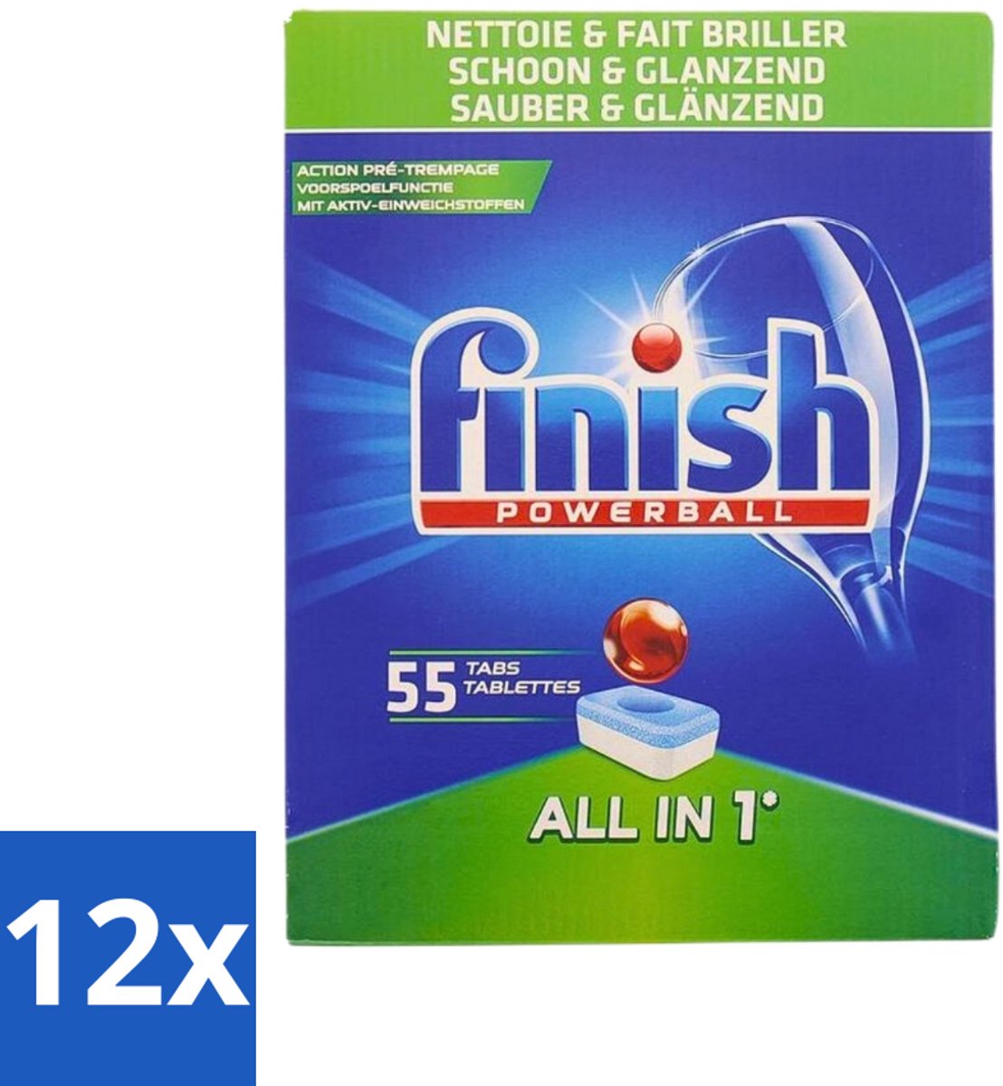 12 x Finish Powerball - All in 1 - Vaatwastabletten - Schoon & Glans - 55 Tabletten - Vaatwastabletten - Vaatwasser - Schoonmaak - Glans - Diepe Reiniging