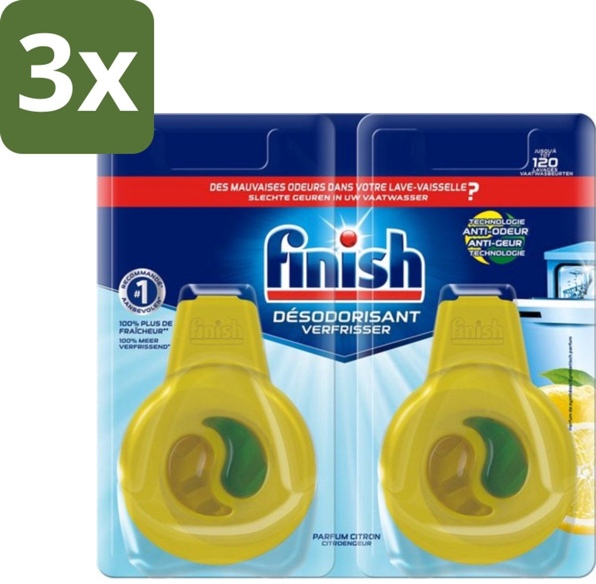 3 x Finish Deo Odorstop - Vaatwasverfrisser - Citroen Parfum - Anti-geur - Tot 120 Afwasbeurten - Vaatwasverfrisser - Geurbeheersing - Citroengeur - Anti-geur - Vaatwasser Geur