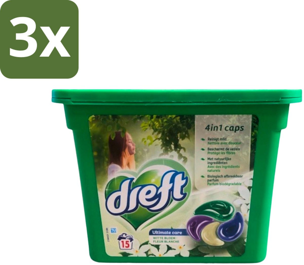 3 x Dreft - Wasmiddelcapsules 4in1 - Witte en Gekleurde Was - Witte Bloem - 15 Wasbeurten - Wasmiddelcapsules - Witte Bloem - Was - Kleurenbeschermer - Vlekkenverwijderer