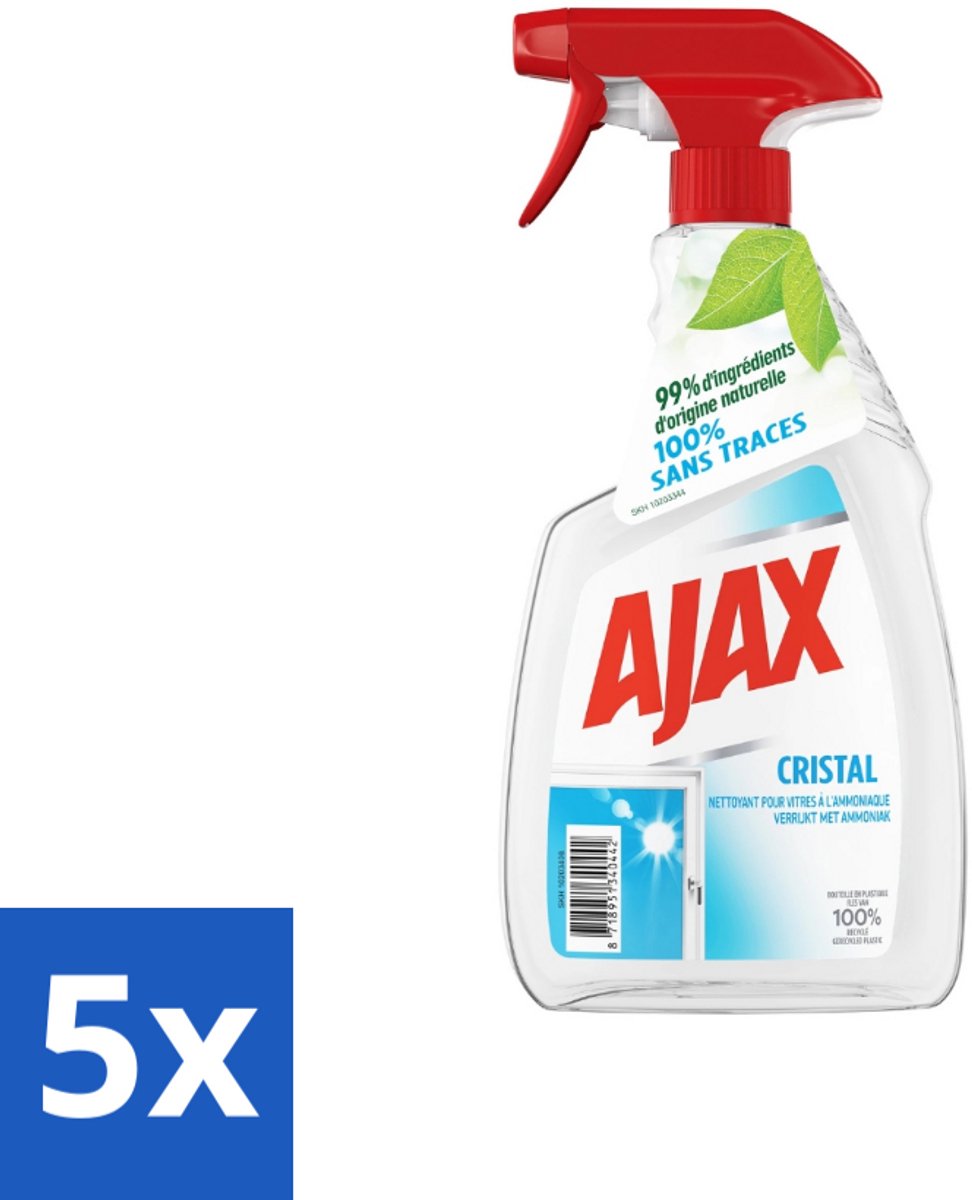 5 x Ajax - Ruitenreiniger - Cristal - Spray Met Ammoniak - 750 ml - Ruitenreiniger - Ammoniak - Streeploos - Ruiten Reinigen - Glans