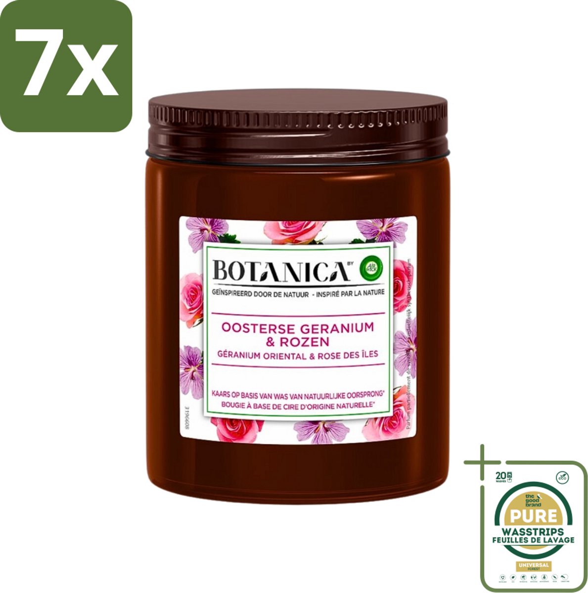 7 x Botanica by Air Wick - Geurkaars - Geranium & Rozen - 40 Uur Brandduur - Grootverpakking - Geurkaars - Geranium En Rozen - 40 Uur Brandduur - Natuurlijke Geur - Bloemige Geur