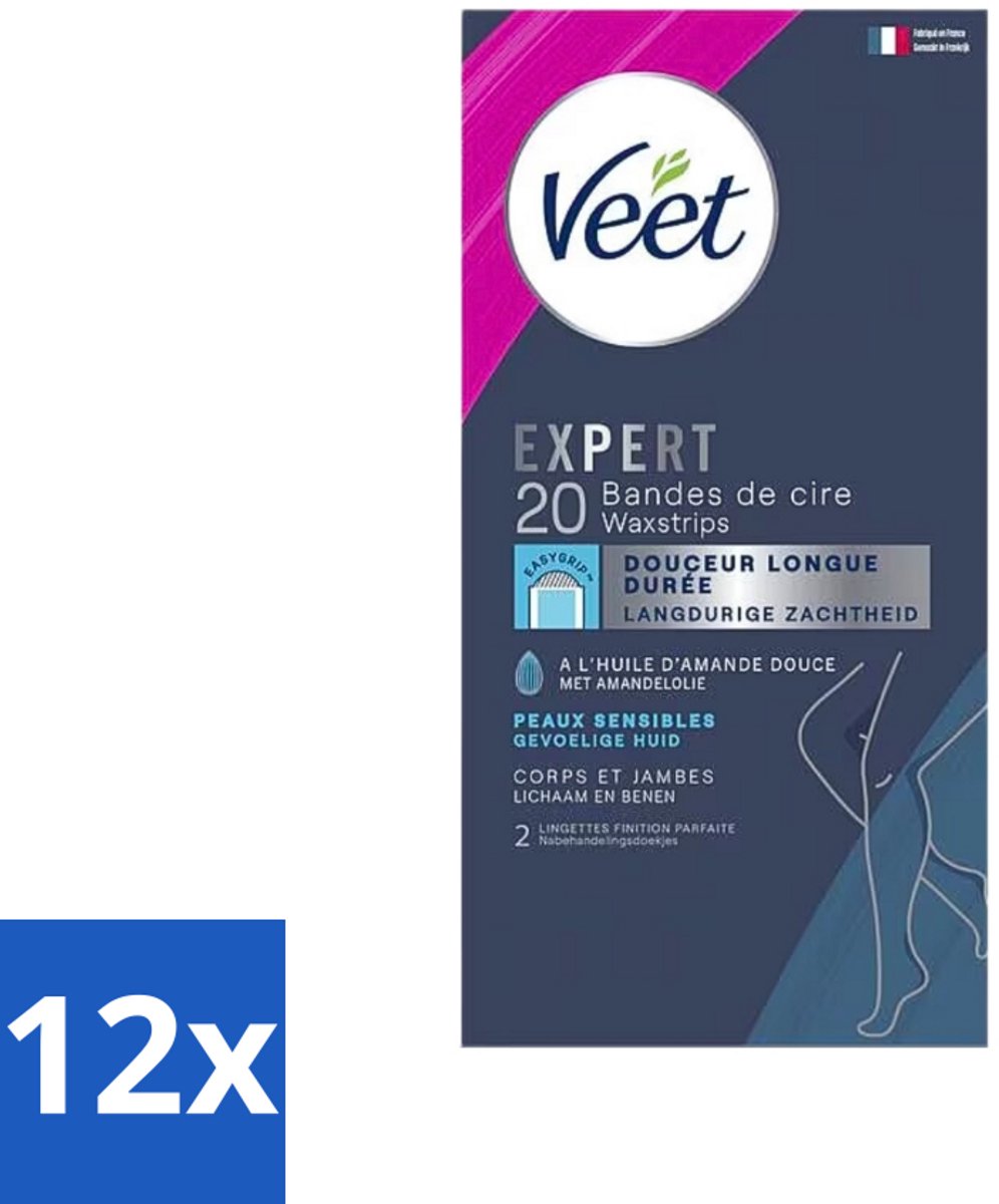 12 x Veet Expertn - Ontharingsstrips - Lichaam & benen - Normale huid - 20 Strips - Veet Ontharingsstrips - Ontharen Benen - Ontharen Lichaam - Ontharingsstrips Normale Huid - Ontharingsstrips Amandelolie