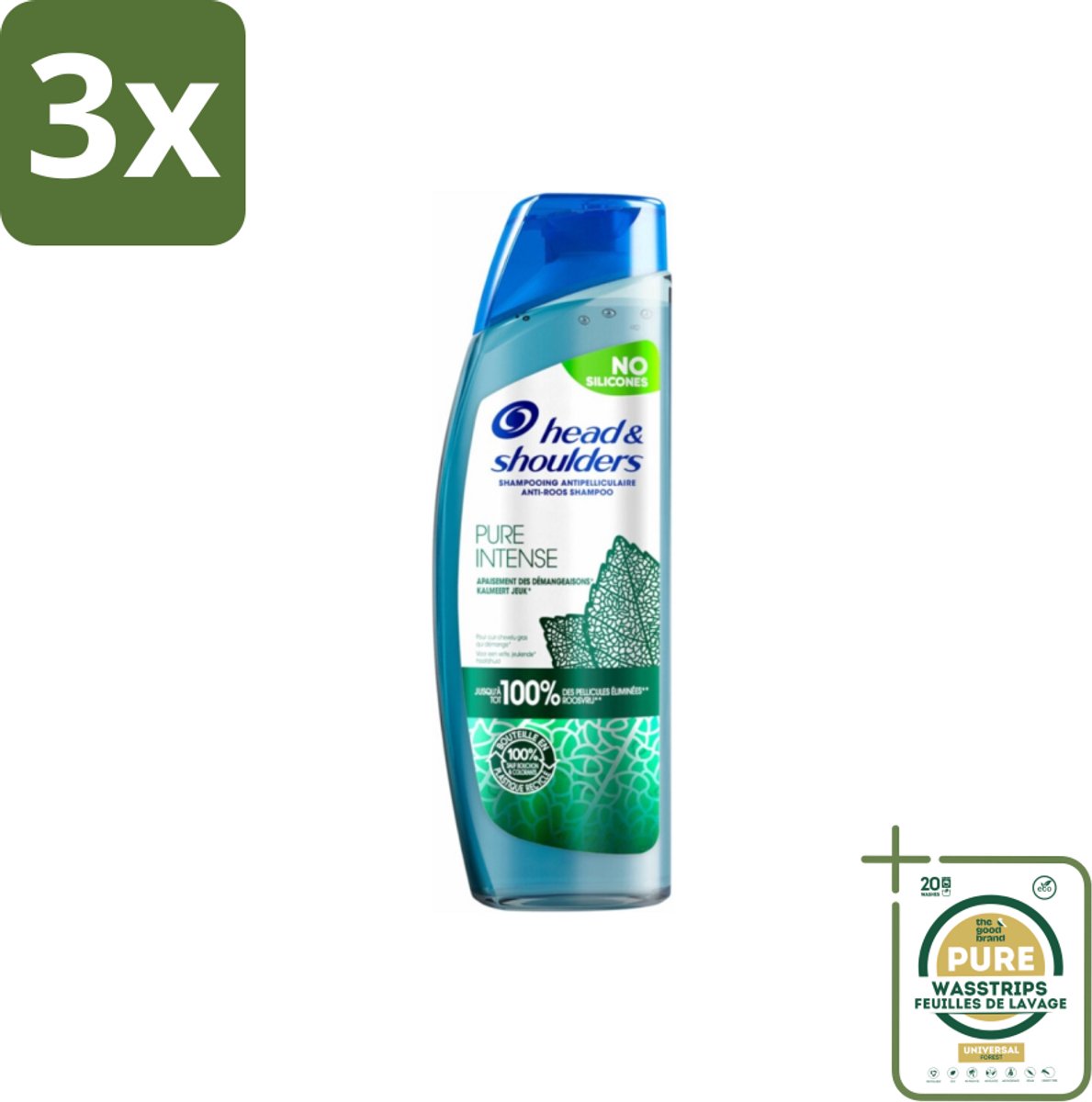 3 x Head & Shoulders - Anti-Roos Shampoo - Pure Intense - Kalmeert Jeuk - 250 ml - Grootverpakking - Roosvrij Haar - Jeuk Kalmeren - Roos Bestrijden - Menthol Shampoo - Melisse Extract