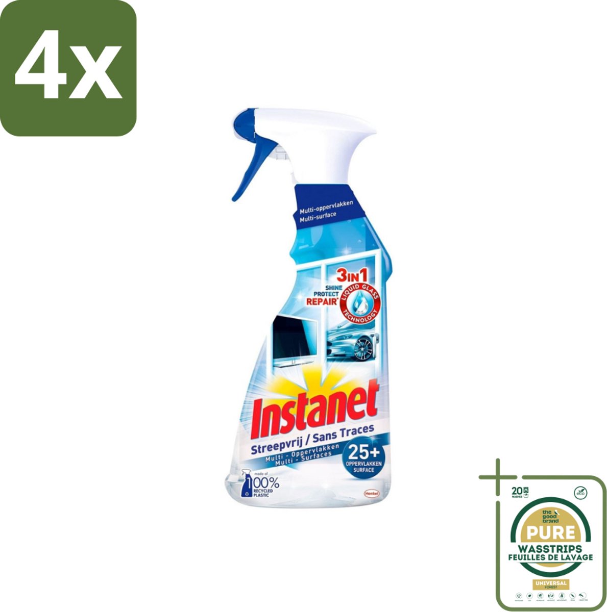 Instanet - Schoonmaakspray - Streepvrij - 3 in 1 - Multi-Oppervlakken - 725 ml - Voordeelverpakking - 4 stuks - Streepvrij - Glasreiniger