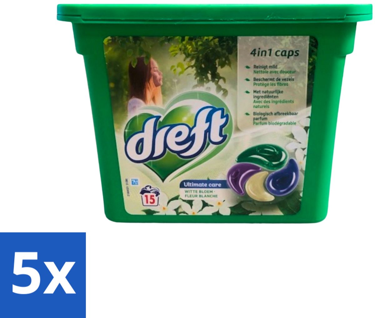 5 x Dreft - Wasmiddelcapsules 4in1 - Witte en Gekleurde Was - Witte Bloem - 15 Wasbeurten - Wasmiddelcapsules - Witte Bloem - Was - Kleurenbeschermer - Vlekkenverwijderer