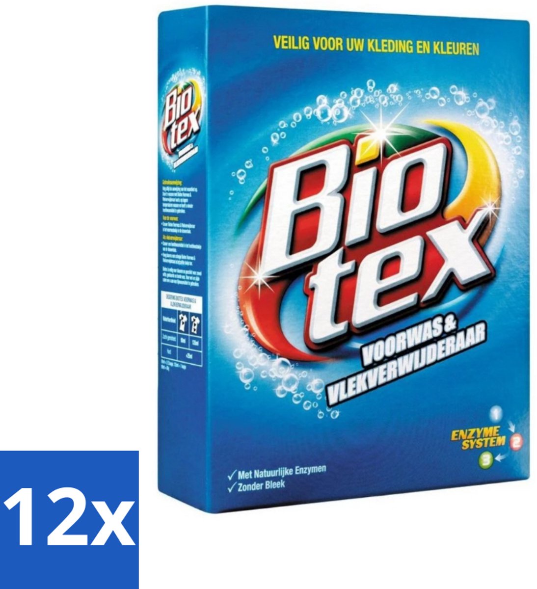 12 x Biotex - Voorwas & Waskrachtversterker - Waspoeder - Witte en Gekleurde Was - 80 Wasbeurten - Waspoeder - Wasversterker - Vlekkenverwijderaar - Biotex - Voorwas