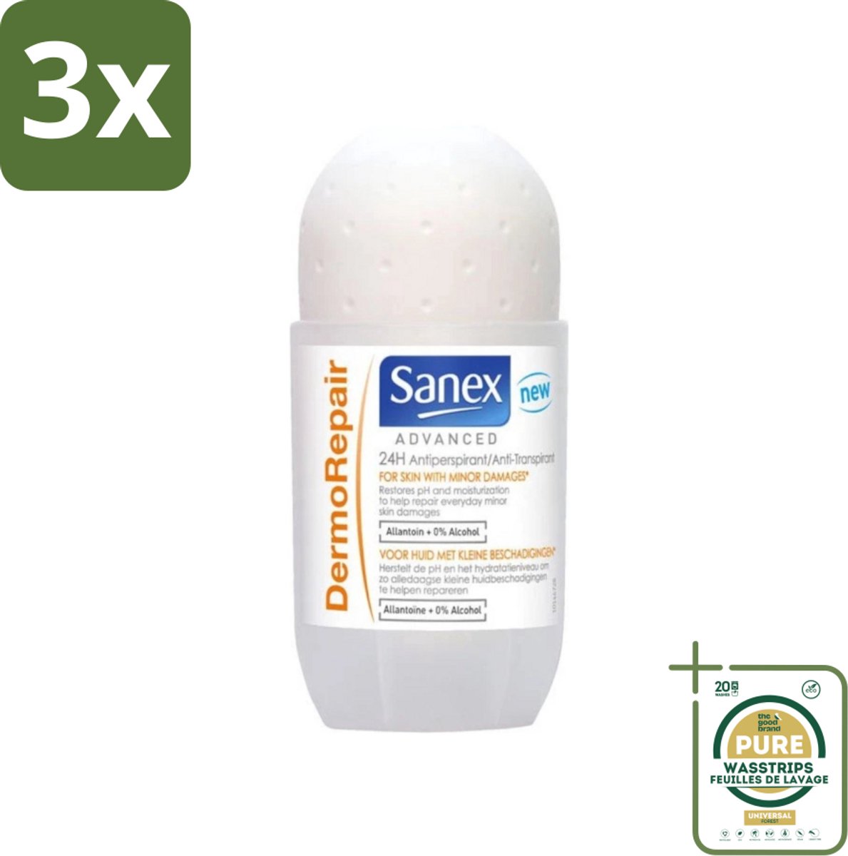 3 x Sanex Advanced - Dermo Repair - Deodorant Roller - 24h Anti-Transpirant - 0% Alcohol - 50 ml - Grootverpakking - 24h Anti-transpirant - Huidherstel - Huidverzorging - Deodorant Roller - Anti-geur
