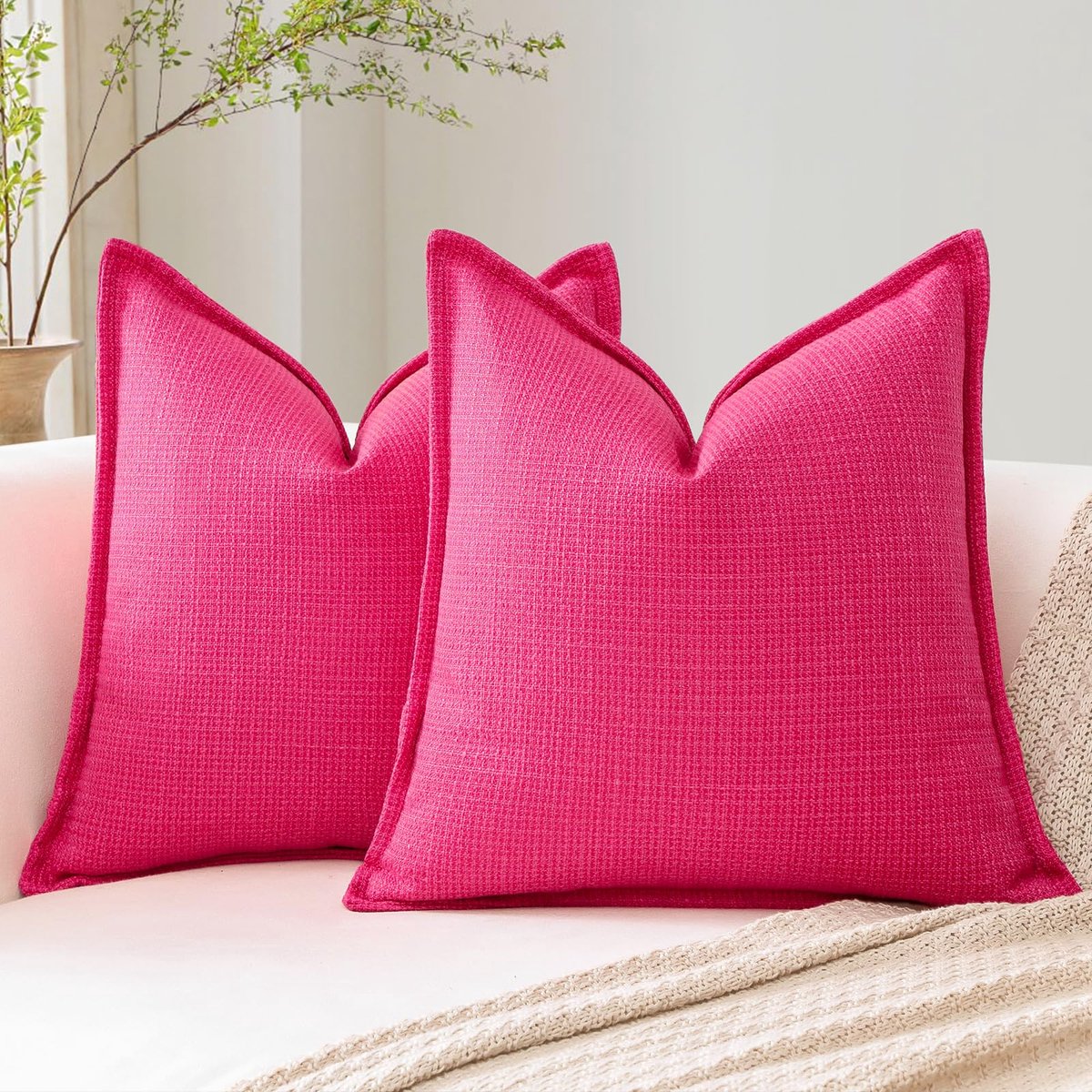 Artscope 2 roze (Hot Pink) decoratieve kussenhoezen, zacht linnen structuur, boerderij, kussenhoezen met elegant - ShopVlot