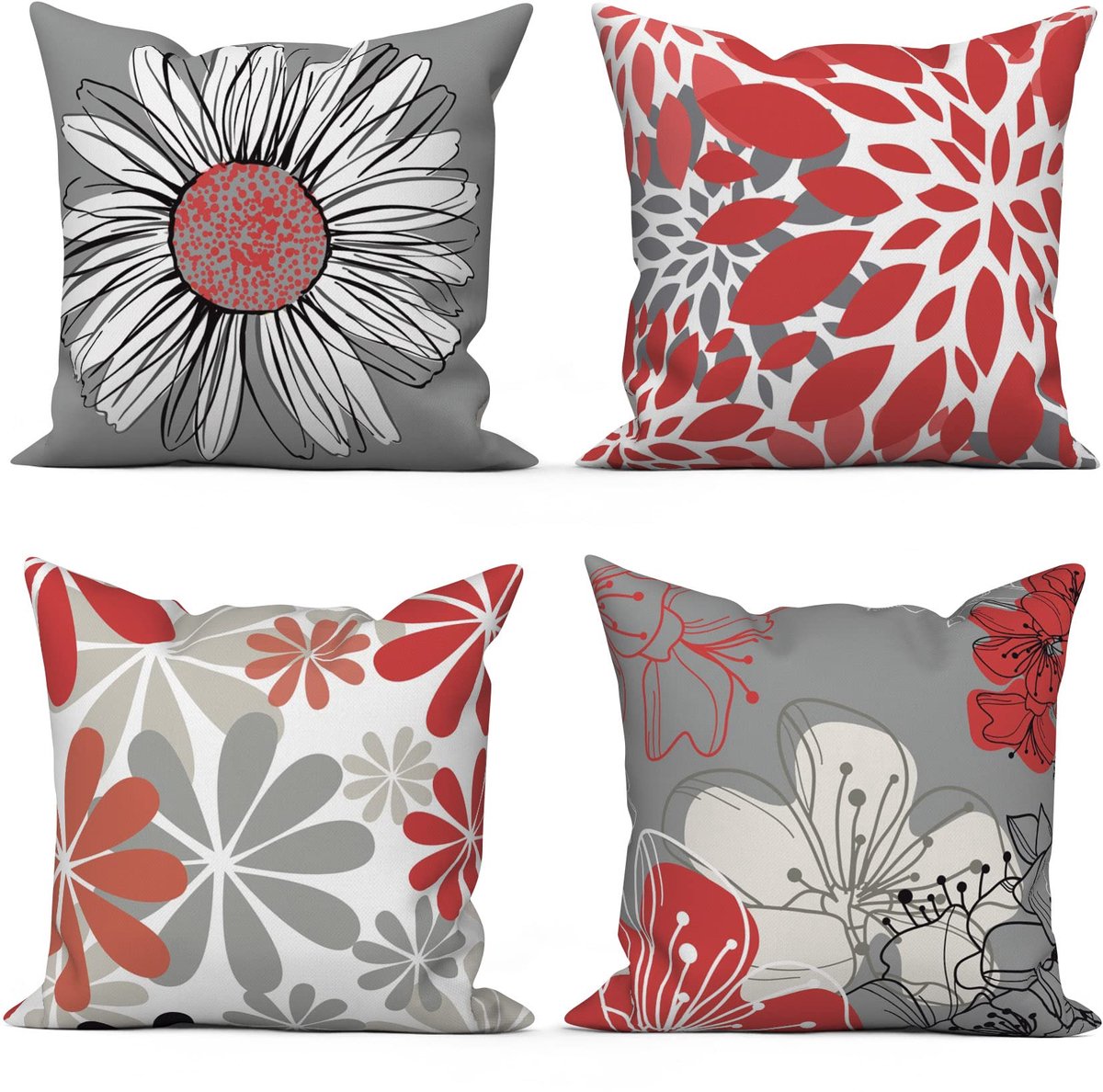 ASDCXZ 4 stuks, rood, 45 x 45 cm, moderne bloemen uit Noord-Europa, decoratieve kussenhoezen voor bank, wasbaar - ShopVlot
