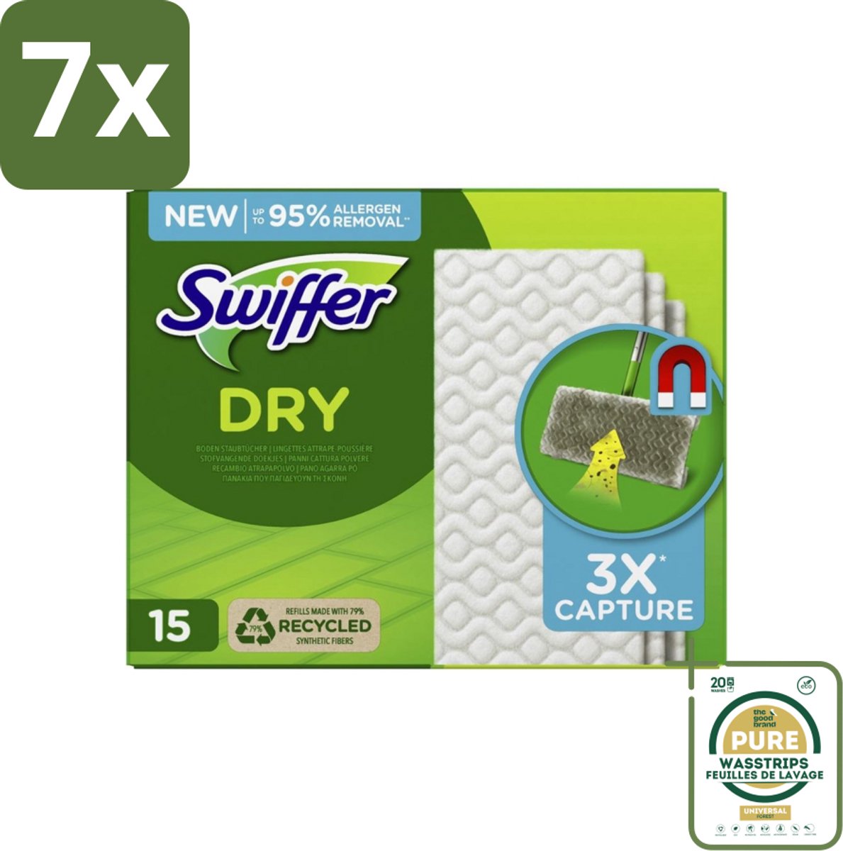 7 x Swiffer Dry - Vloerdoekjes - Navulling - Gerecyclede Fibers - 15 Doekjes - Grootverpakking - Stofwisdoekjes - Stof Opnemen - Stof Verwijderen - Schoonmaken - Vloer Reinigen