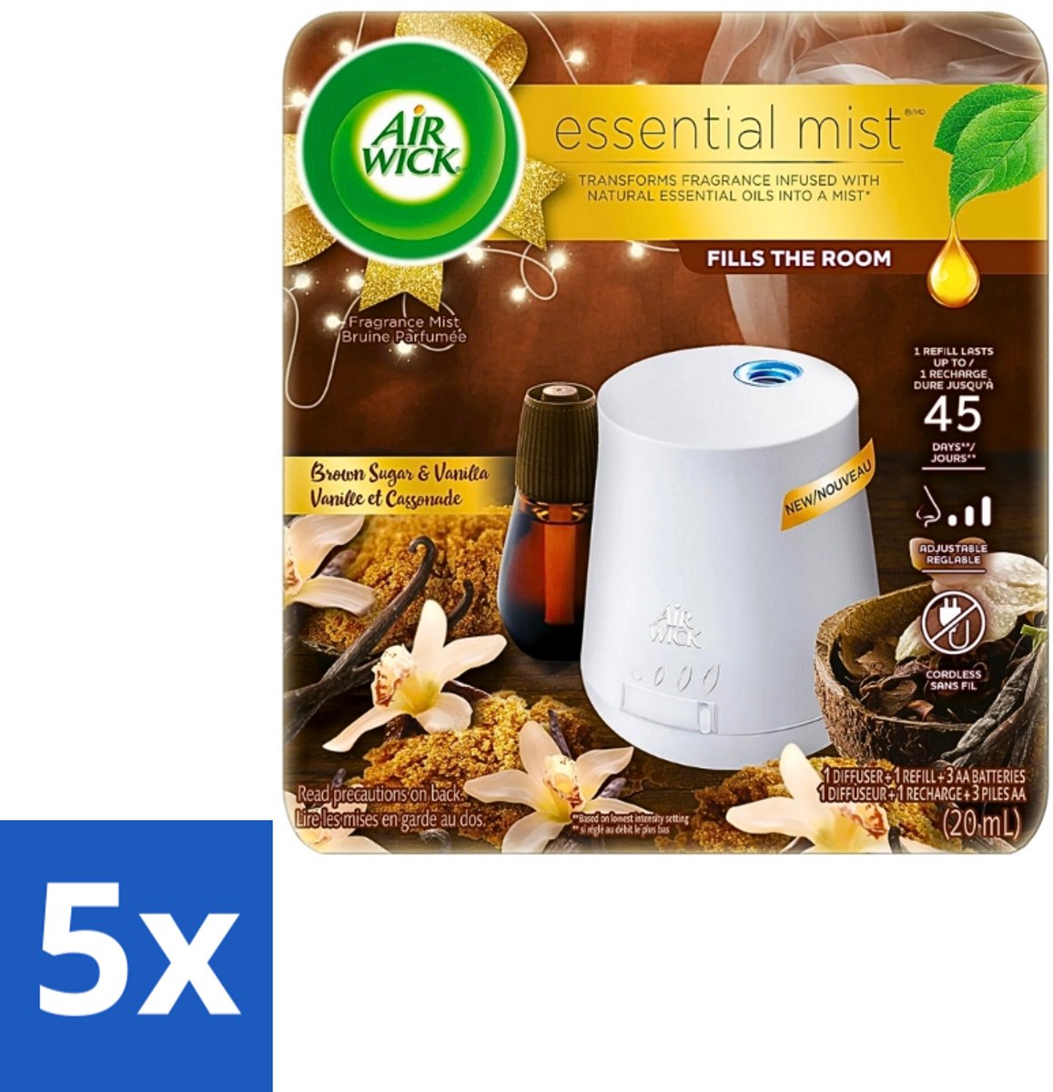 Air Wick Essential Mist - Elektrische Geurverspreider - Starterkit - Vanille & Bruine Suiker - 20ml - Bulkverpakking - 5 stuks