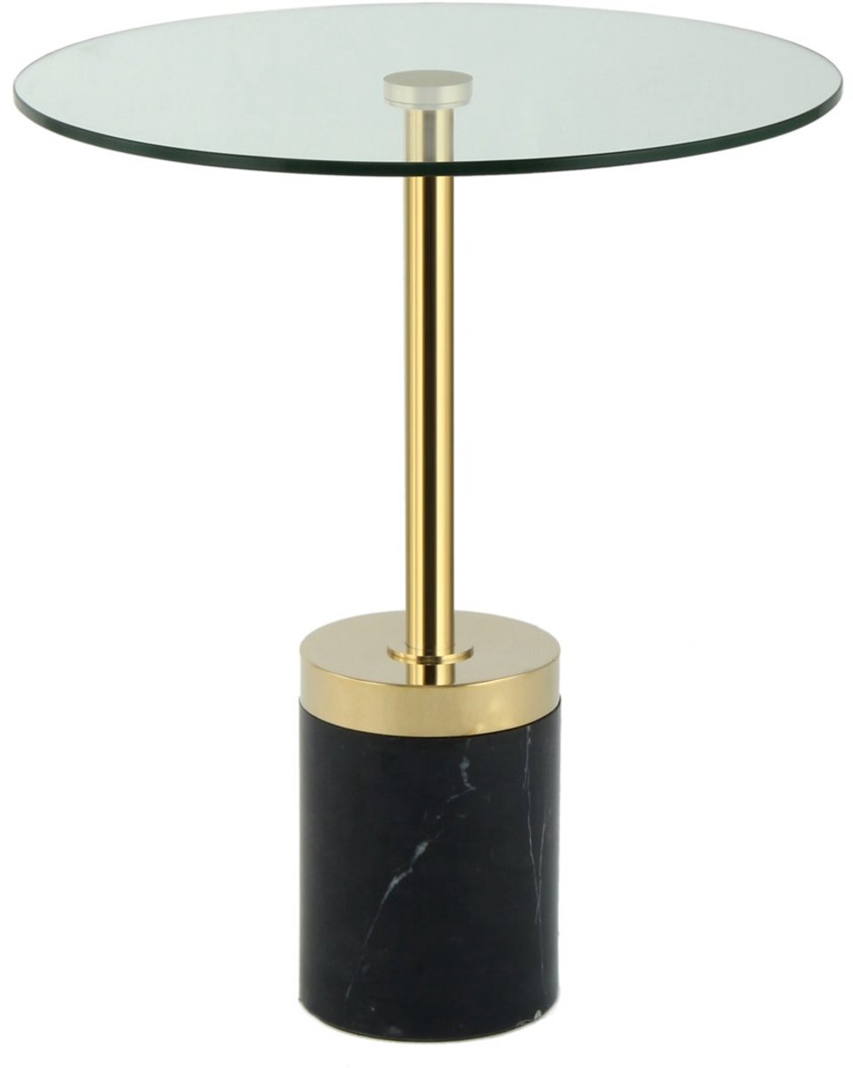 Padiro ronde bijzettafel Ø 46 x 53 cm - goud en zwart - Modern Art-Déco Glamour Look - met marmeren voet - glazen tafelblad - roestvrijstalen onderstel